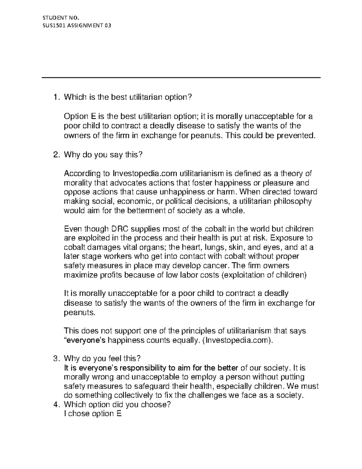 SUS1501 Assignment 03 - Exploring Utilitarian Ethics in Decision Making ...