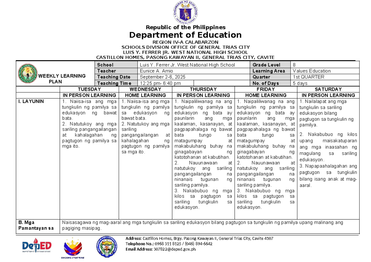 Quarter 1 Weekly Learning Plan for Values Education 8 - Studocu