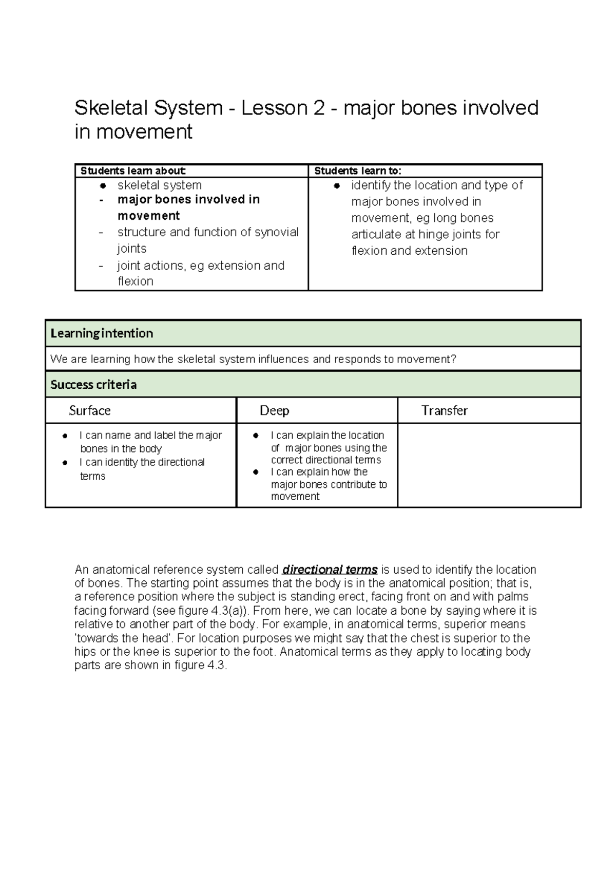 Copy of Skeletal System - Lesson 2 - major bones involved in movement ...