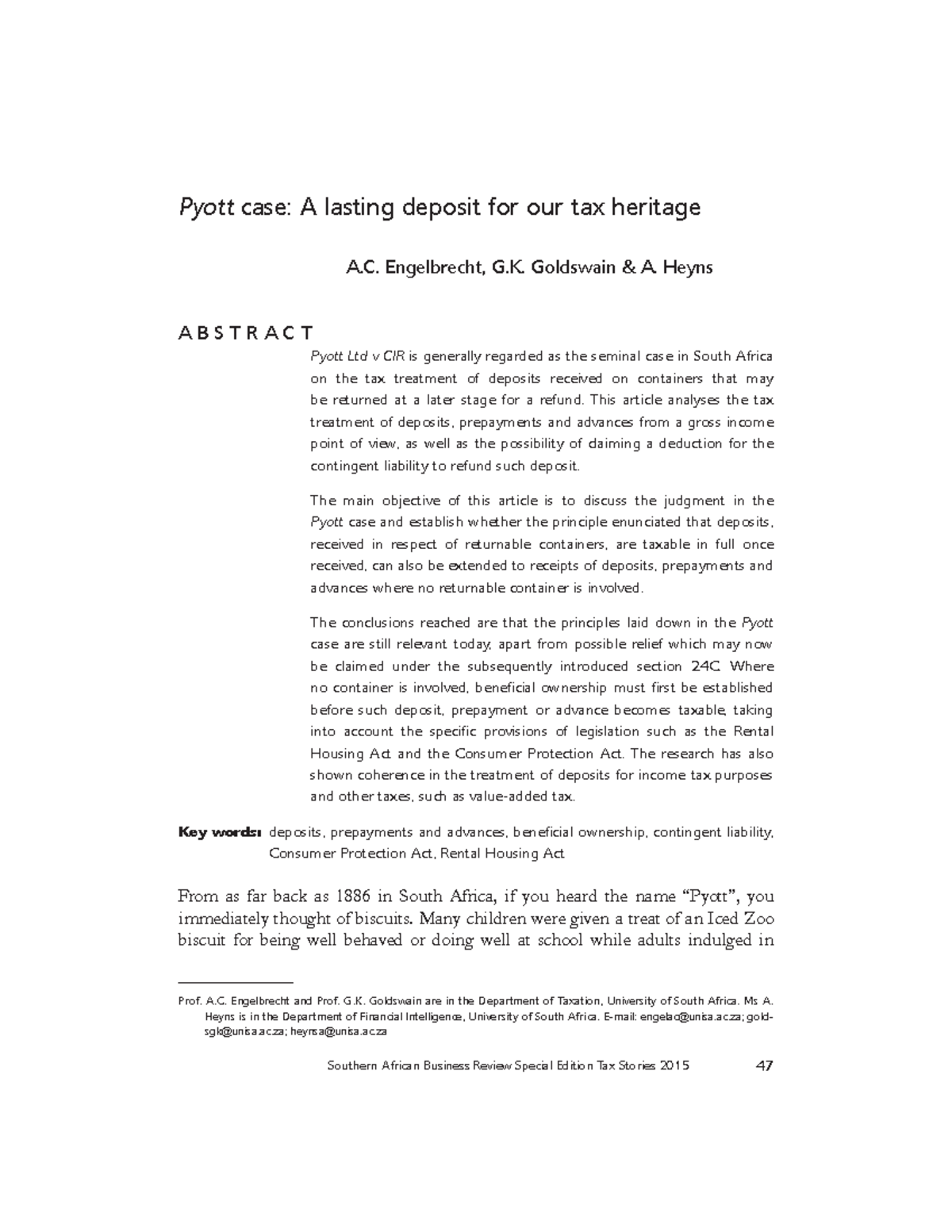 Pyott Case Study: Tax Treatment of Deposits and Prepayments in SA - Studocu