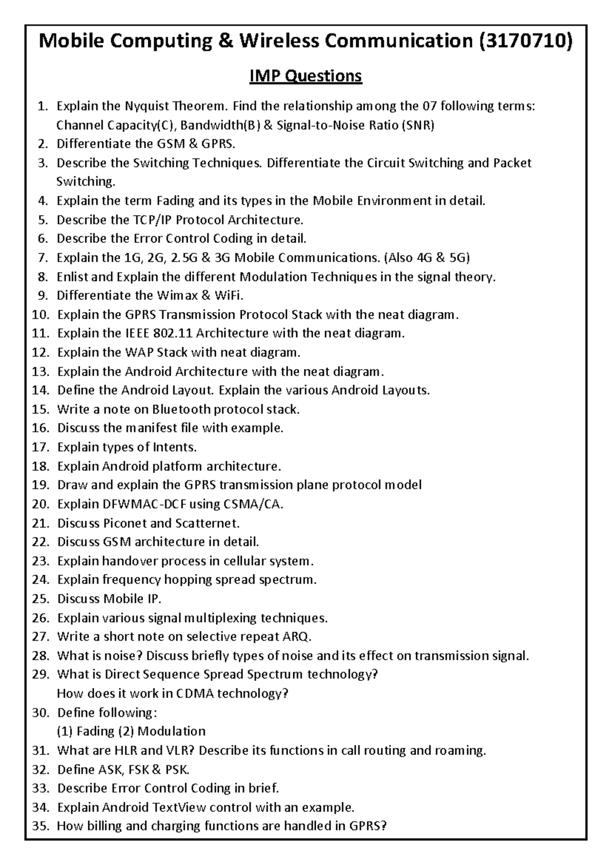MCWC - Questions Bank - Study - Mobile Computing & Wireless ...