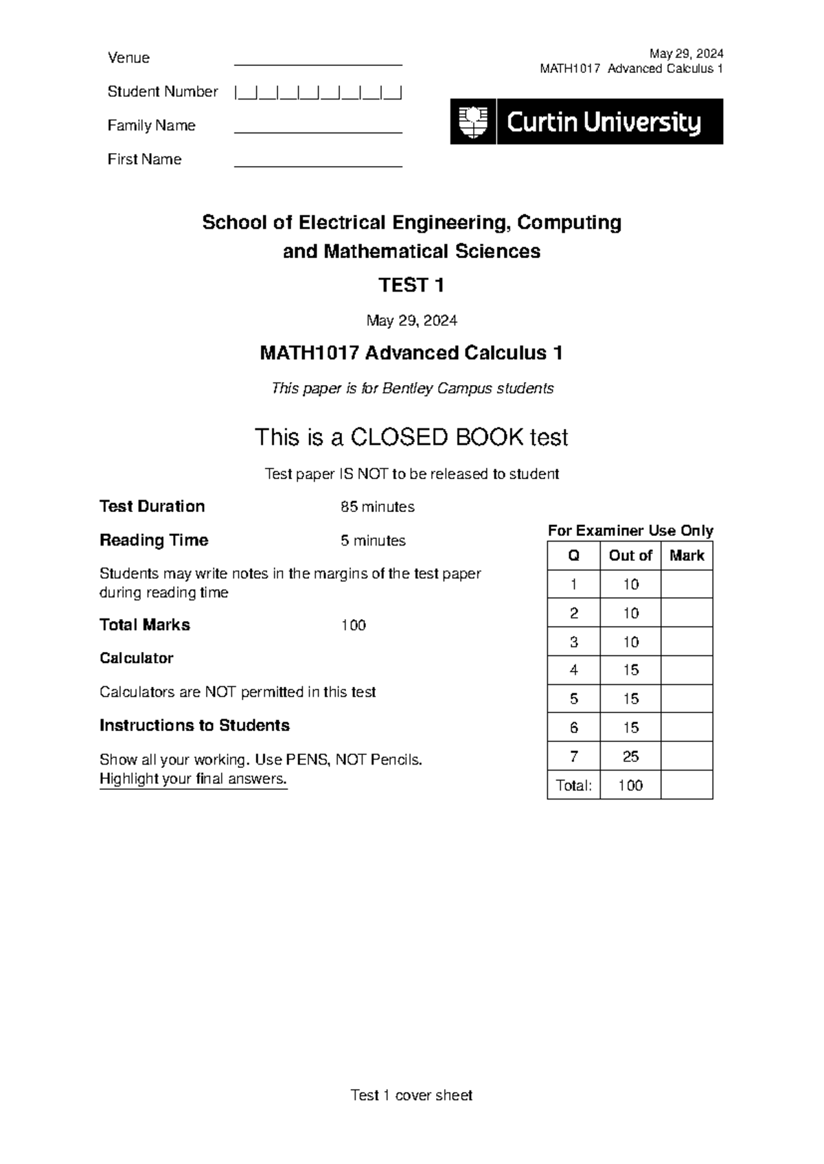 MATH1017 Test 1 - Advanced Calculus 1 - May 29, 2024 - Studocu