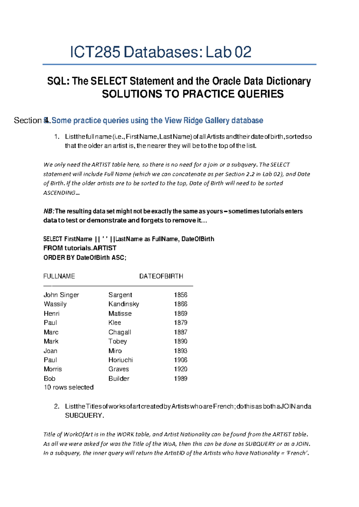 ICT285 Databases: Lab 02 SQL SELECT Statement Solutions and Queries ...