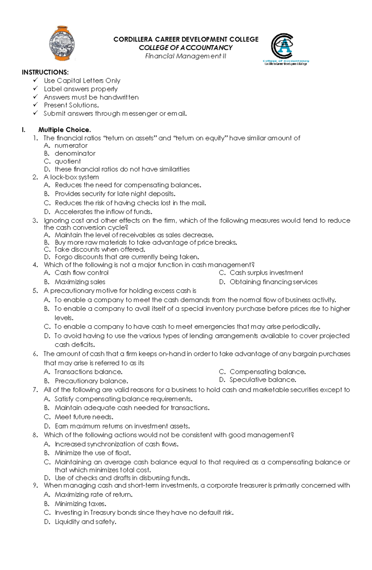Financial Management II Midterm Examination Guide (No Answers) - Studocu