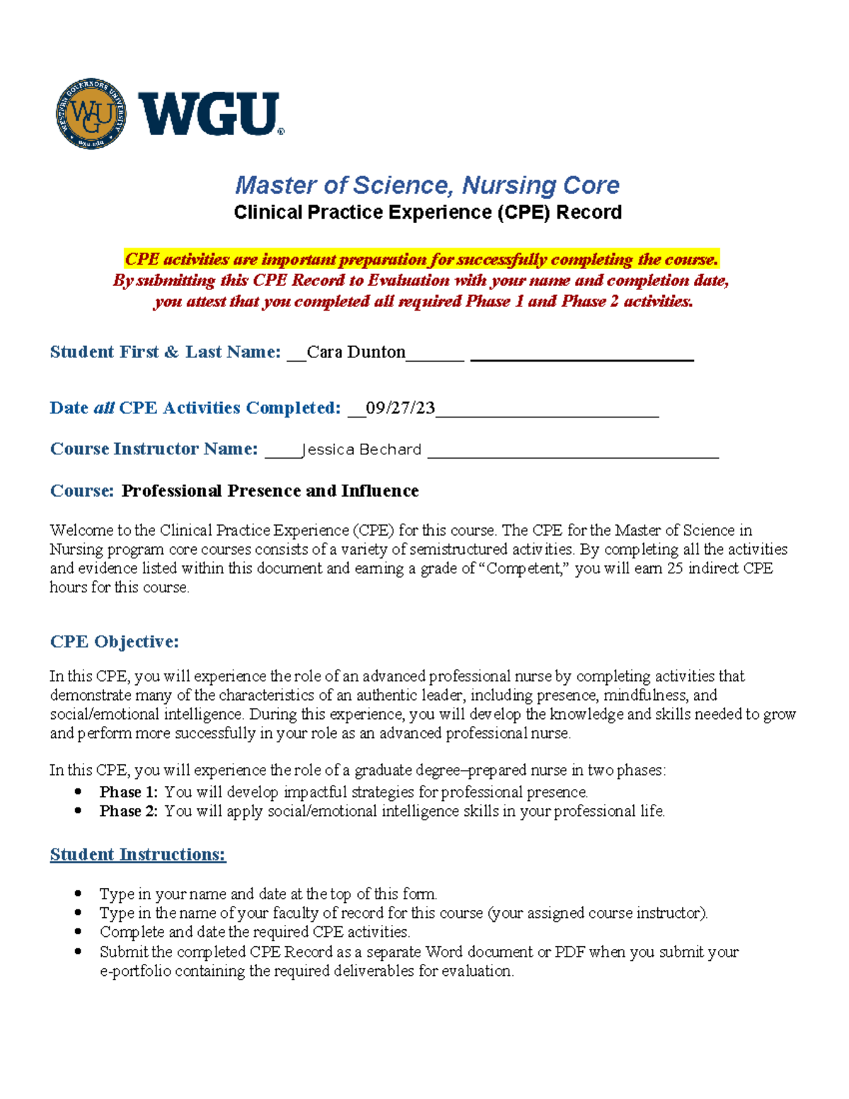 CPE Record - cpe - Master of Science, Nursing Core Clinical Practice ...