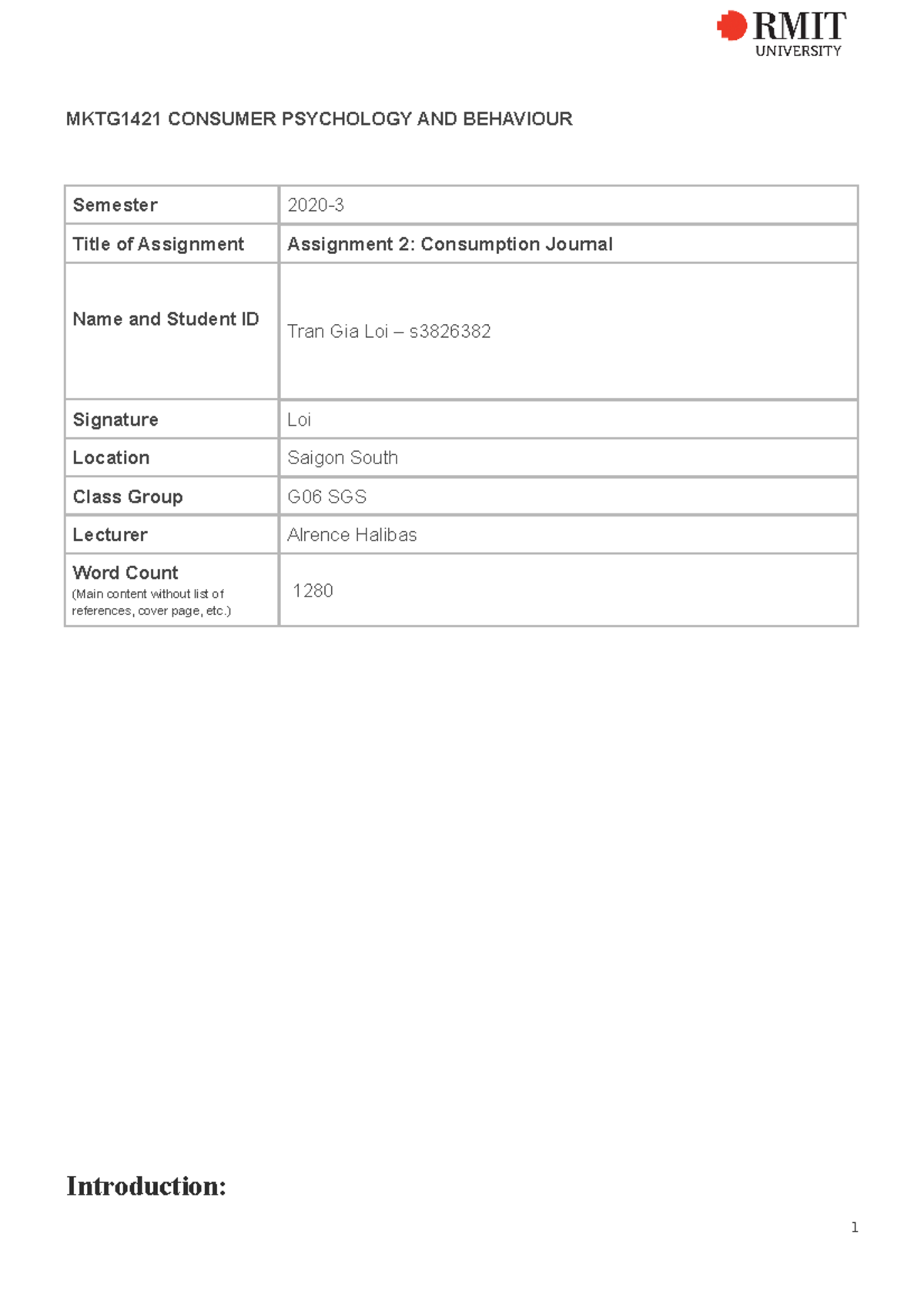 MKTG1421 s3826382 Consumer Journal - MKTG1421 CONSUMER PSYCHOLOGY AND ...