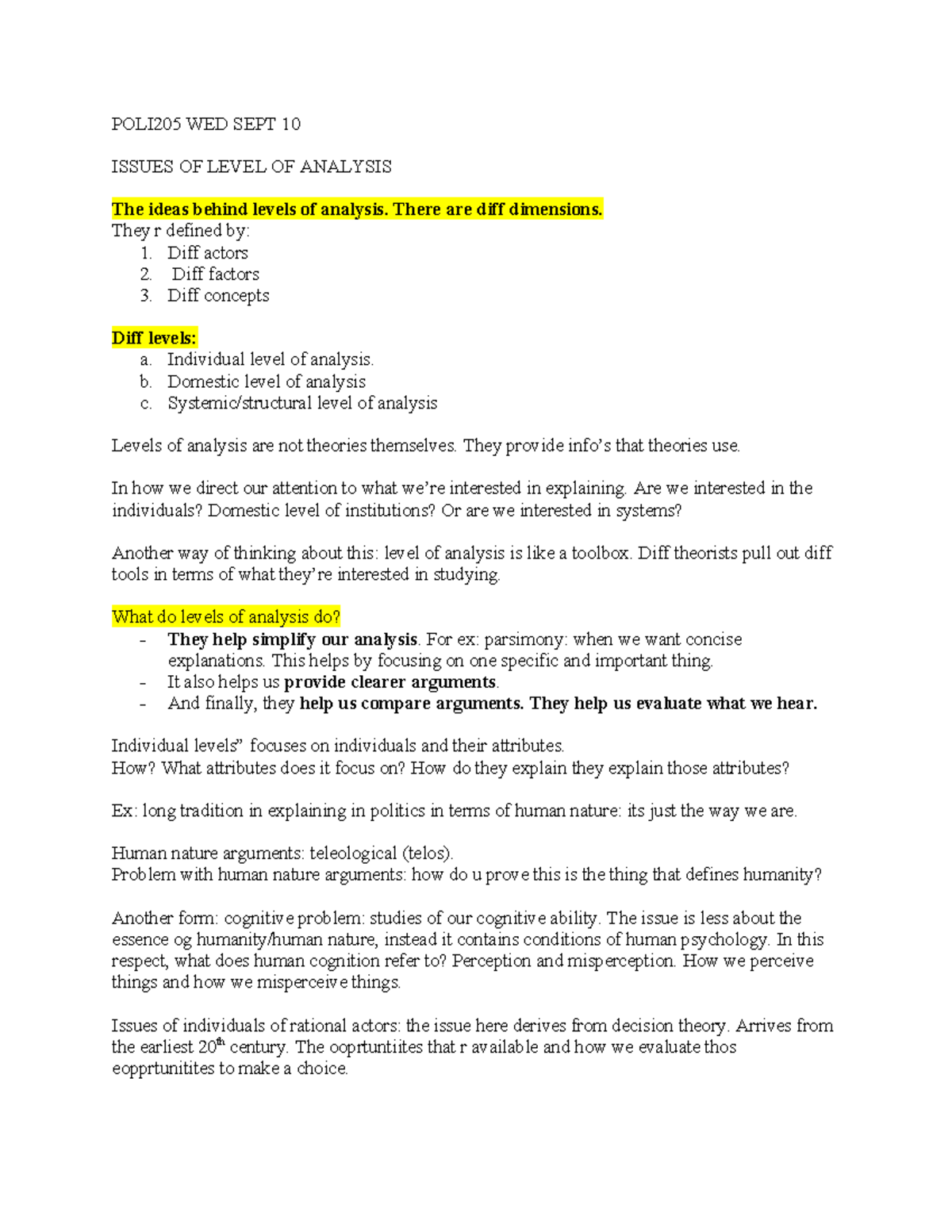 POLI205 WED SEPT 10: Understanding Levels of Analysis in IR - Studocu