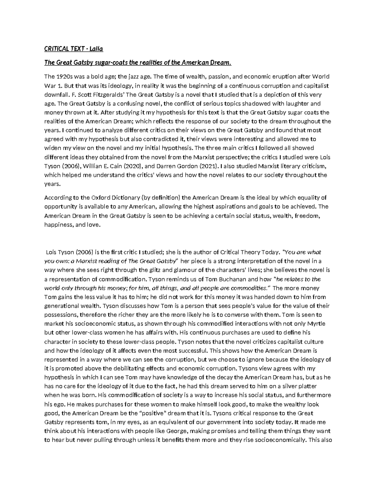 CRITICAL TEXT: Analyzing Marxist Perspectives in The Great Gatsby - Studocu