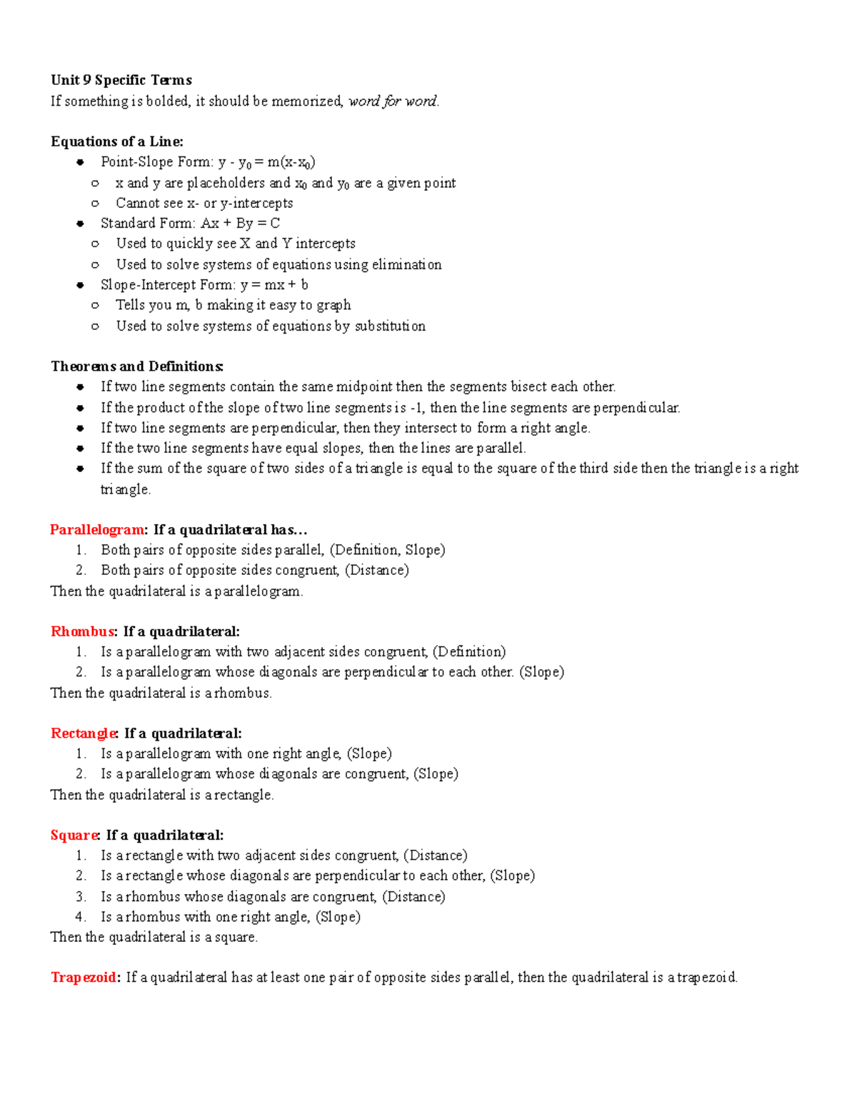 Geometry Unit 9: Key Terms and Theorems for Mastery - Studocu