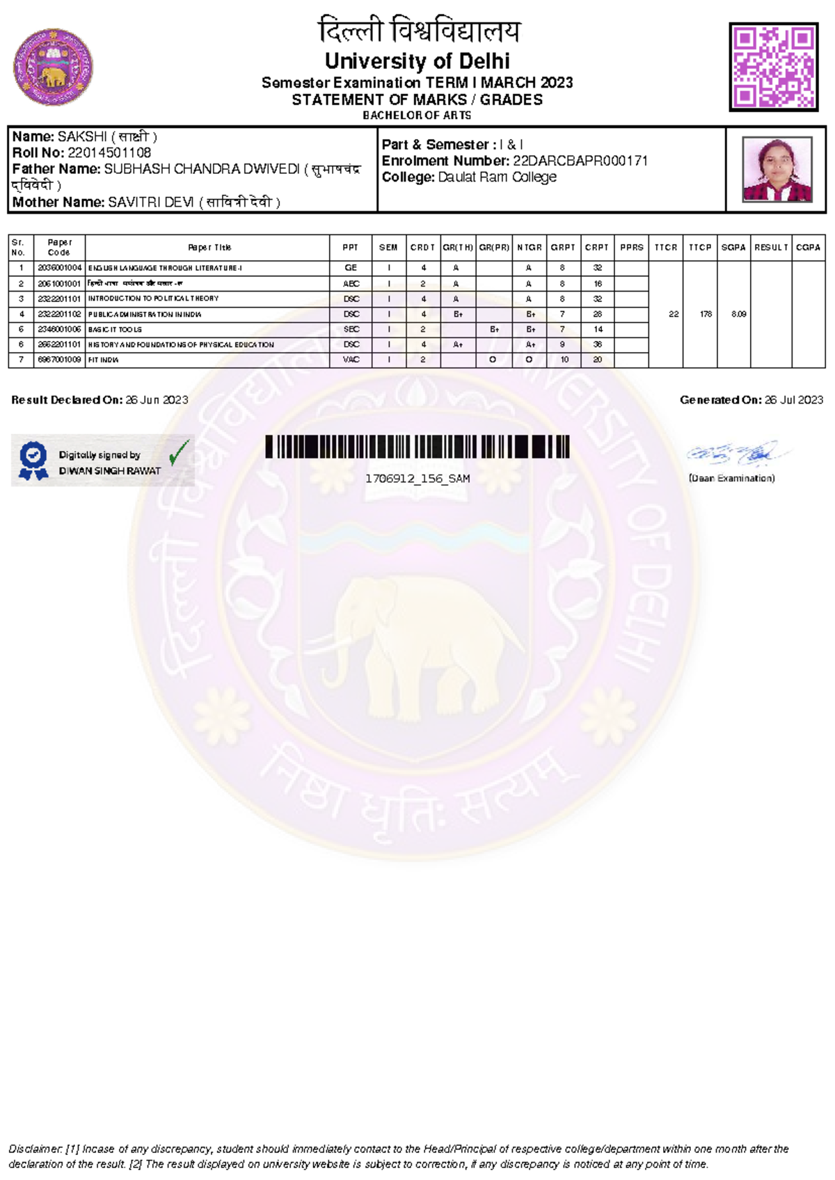 Delhi University BA Term I Marks Statement - March 2023 - Studocu