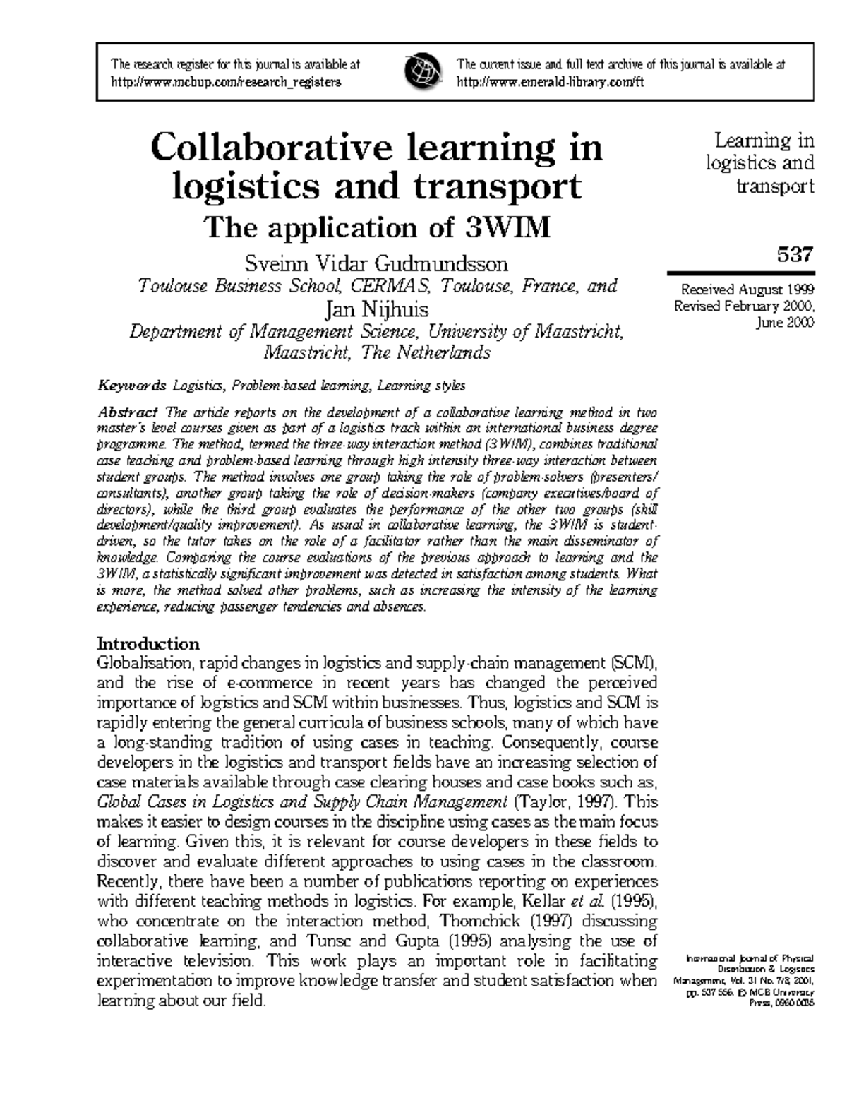 Collaborative learning in logistics and transport - Learning in ...