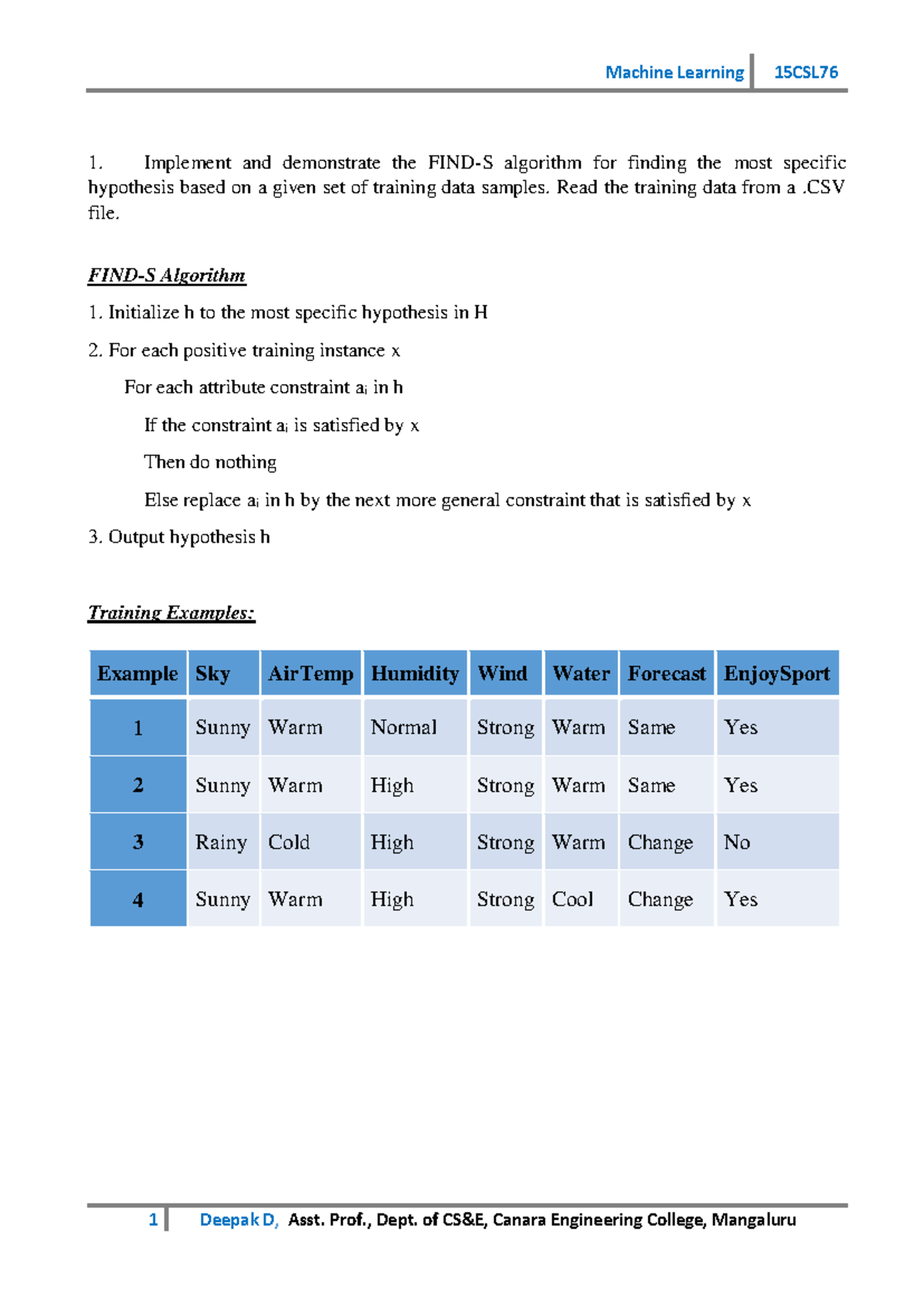ML Lab Program 1: FIND-S Algorithm Implementation (15CSL) - Studocu