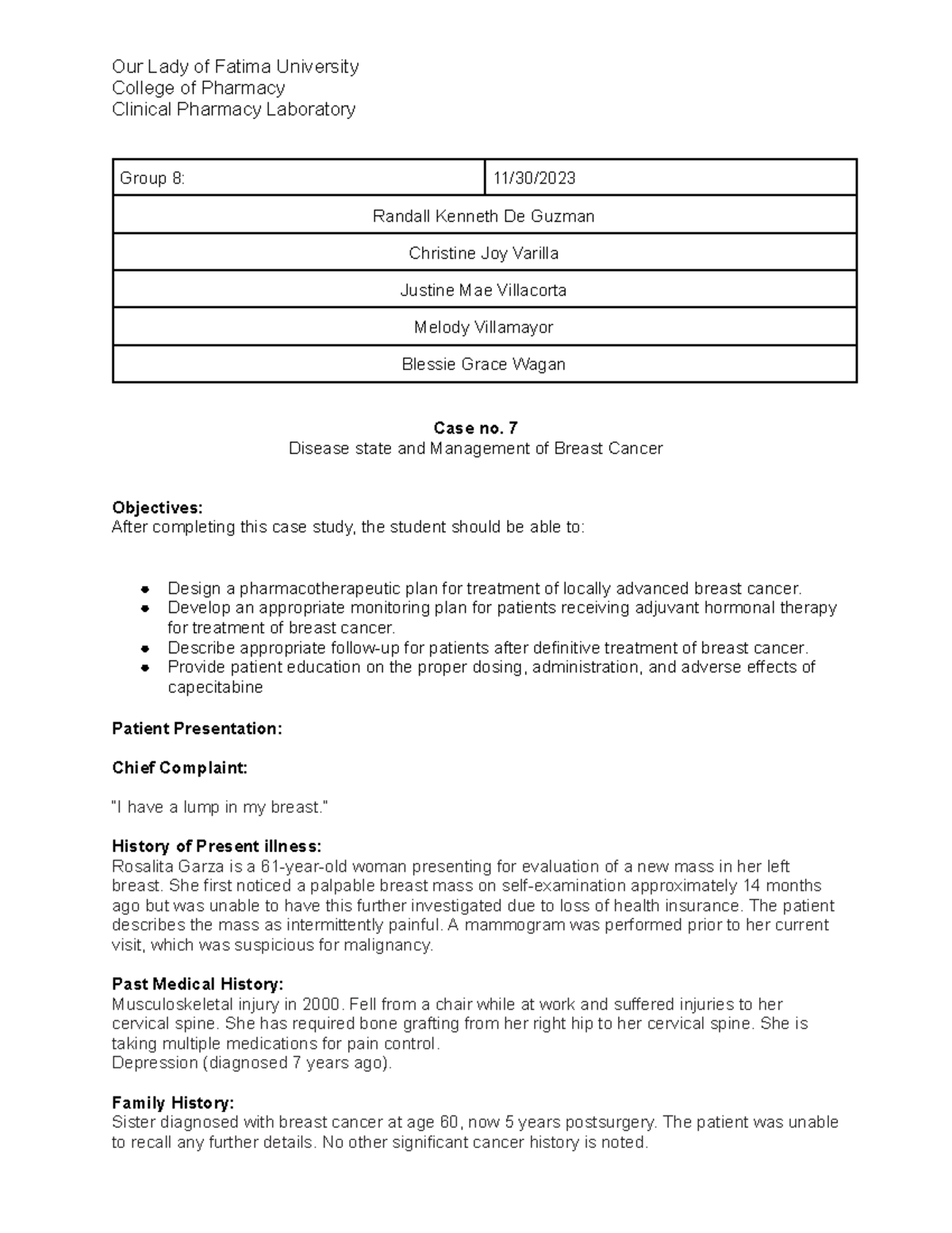 Group 8 Clinical Case Study on Breast Cancer Management - CLP 3300 - Document Preview