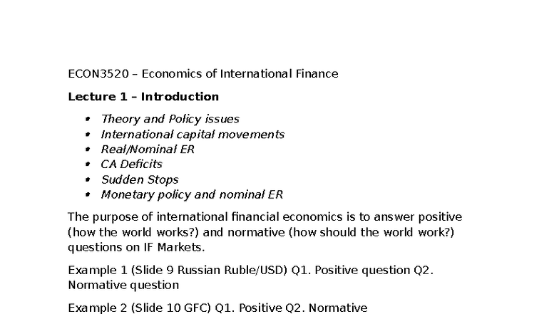 ECON3520 Lecture 1: Intro to International Finance Theory & Policy ...