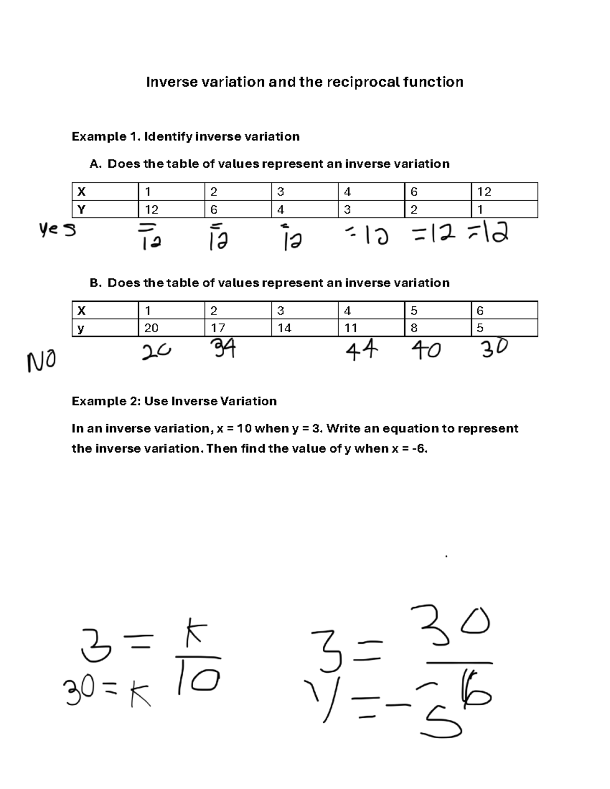 4-1 part 1 notes - Inverse variation and the reciprocal function ...