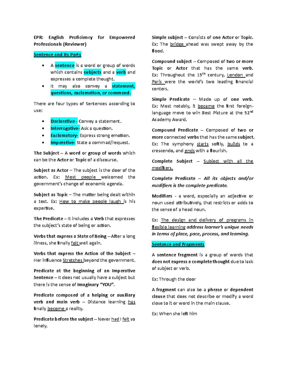 EPR: English Proficiency Review for Sentence Structure and Types - Studocu