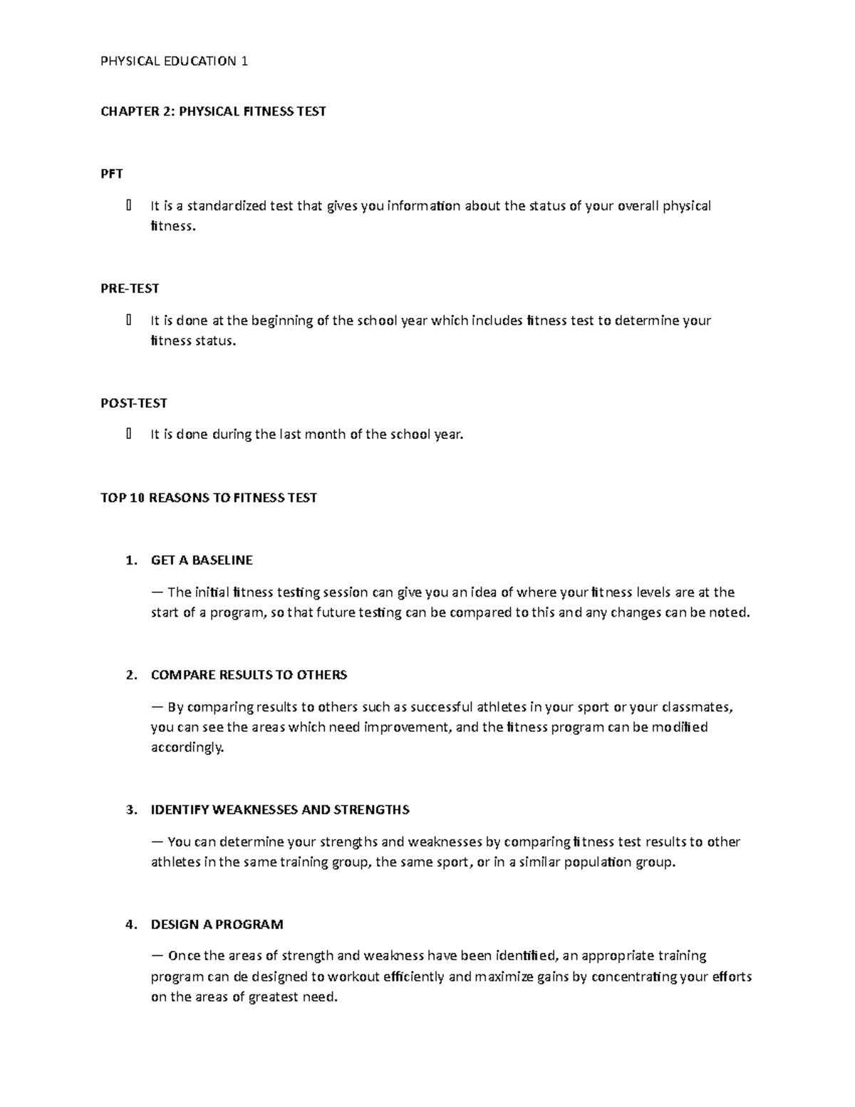 Chapter 2 - Physical Fitness TEST - PHYSICAL EDUCATION 1 CHAPTER 2 ...
