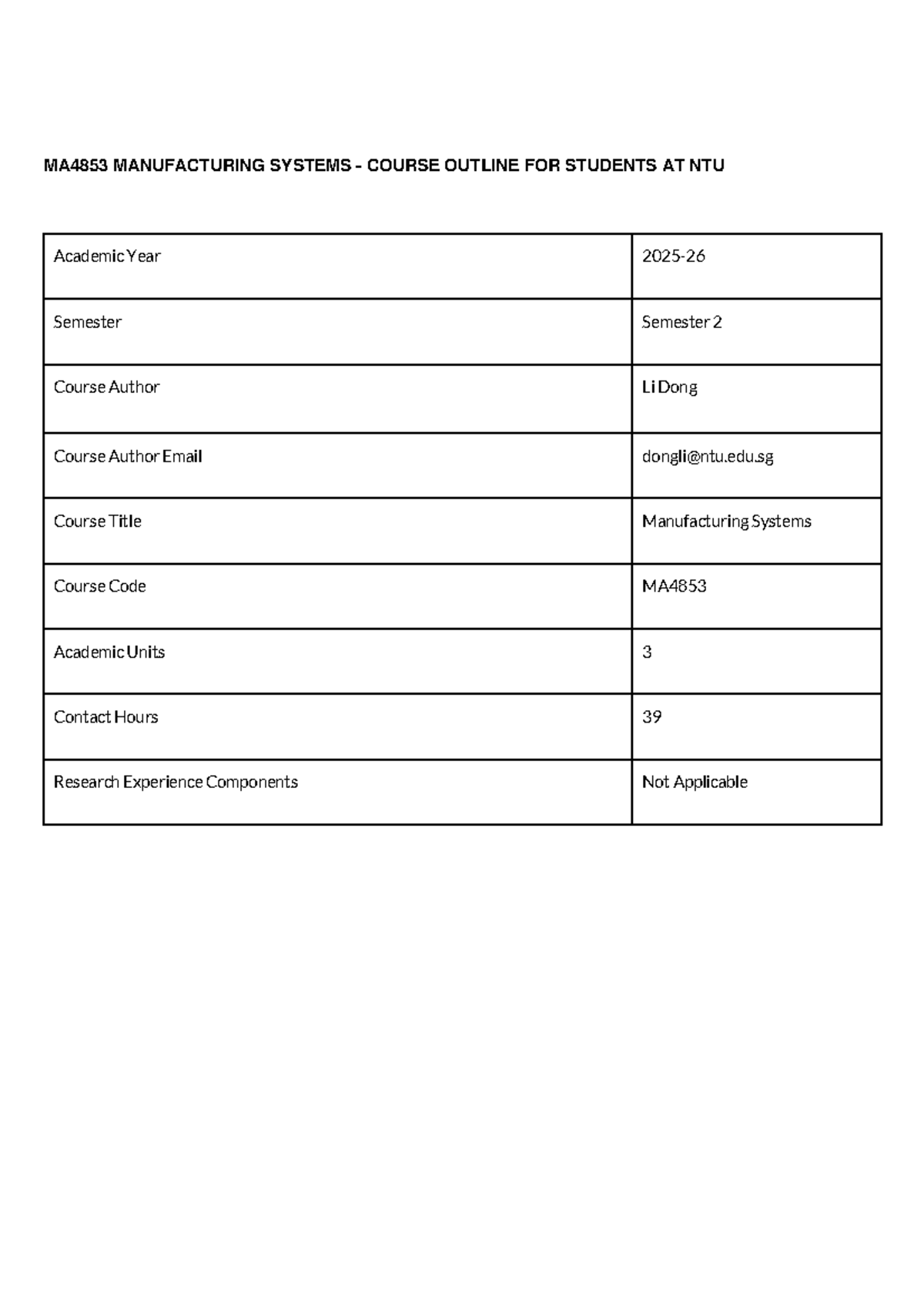 MA4853 Manufacturing Systems Course Outline and Content Overview - Studocu