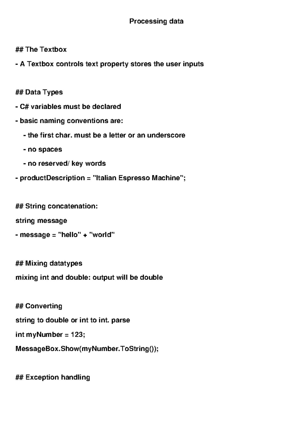 Processing Data Datatypes - Processing data The Textbox A Textbox ...