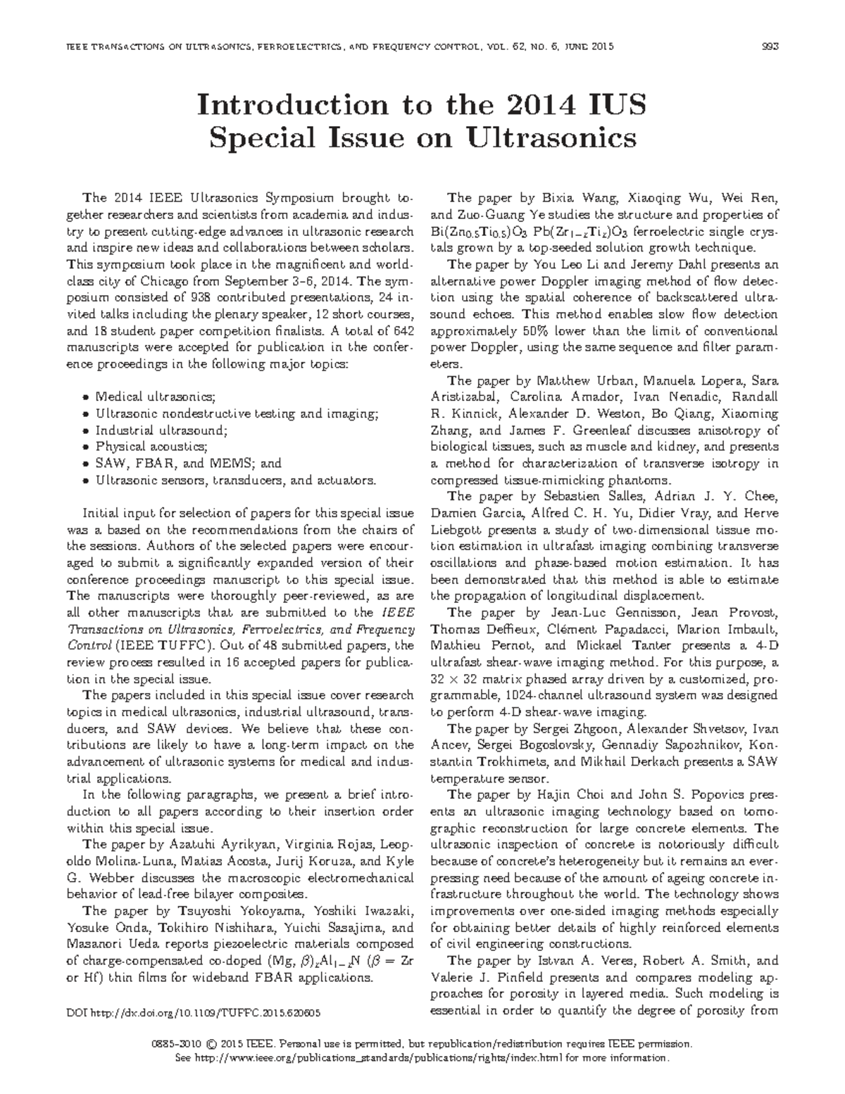 Introduction to the 2014 IUS Special Issue on Ultrasonics (Vol. 62, No ...