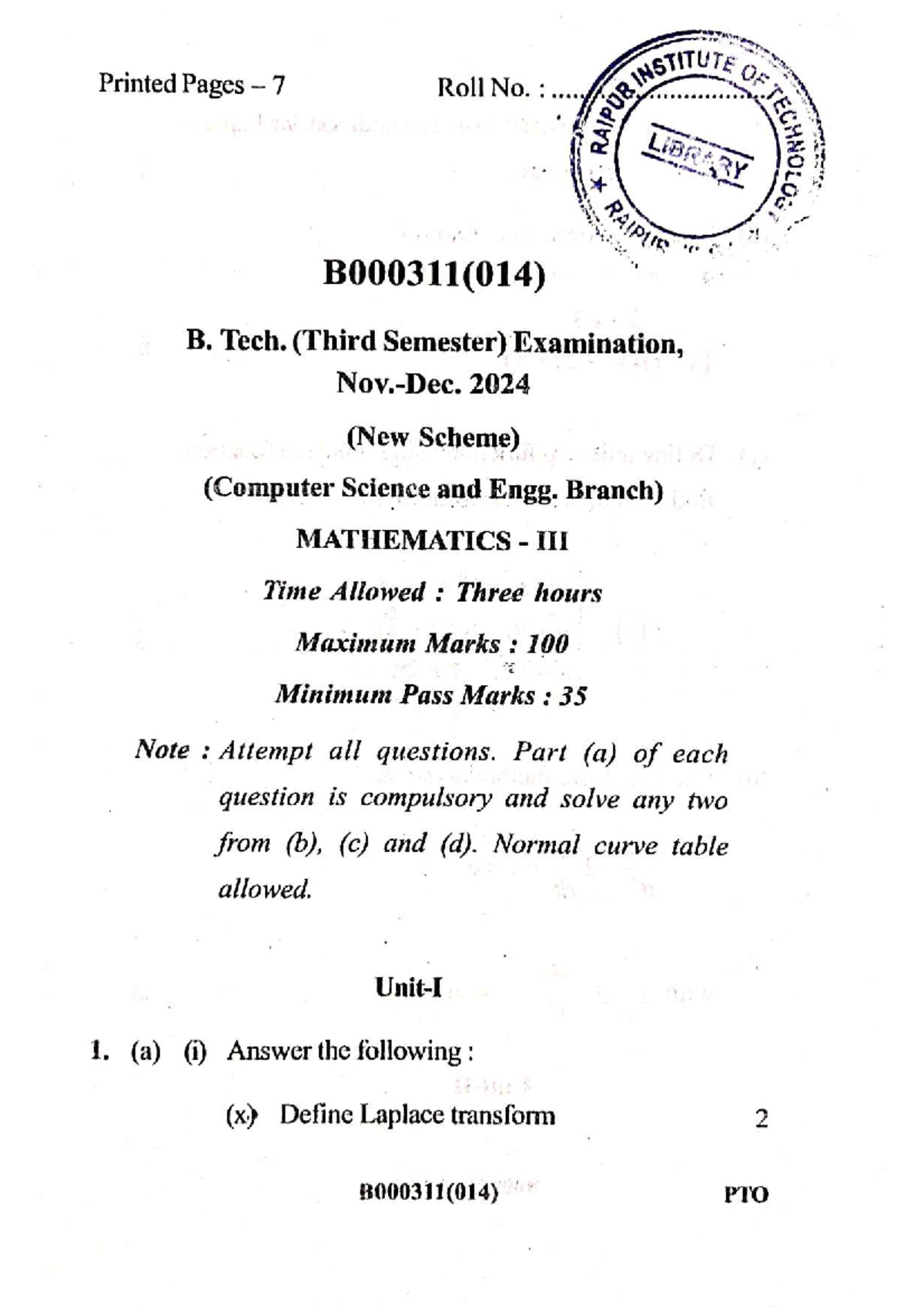 2024 Nov-Dec B.Tech Mathematics-III Exam (CSE) Study Guide - Studocu