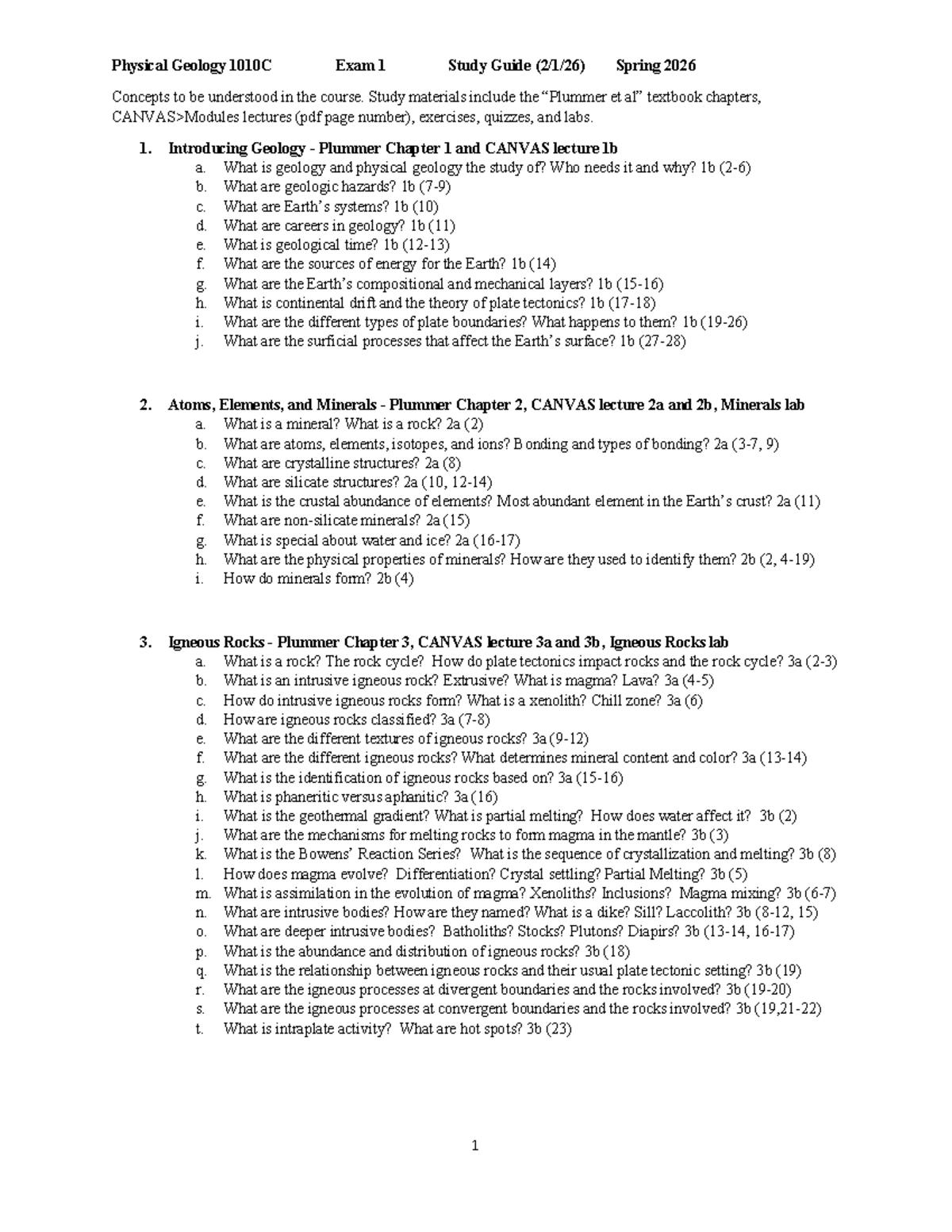 Physical Geology 1010C Exam 1 Study Guide - Spring 2026 - Studocu