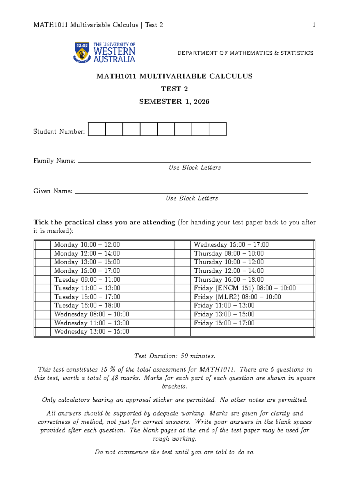 MATH1011 S1 2026 Multivariable Calculus Test 2 - Studocu