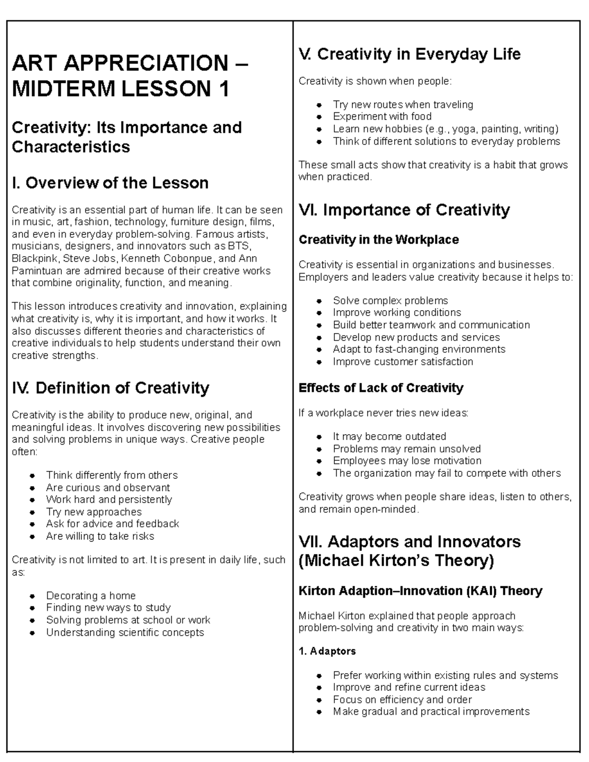 ART APPRECIATION MIDTERM LESSON 1: The Significance of Creativity - Studocu