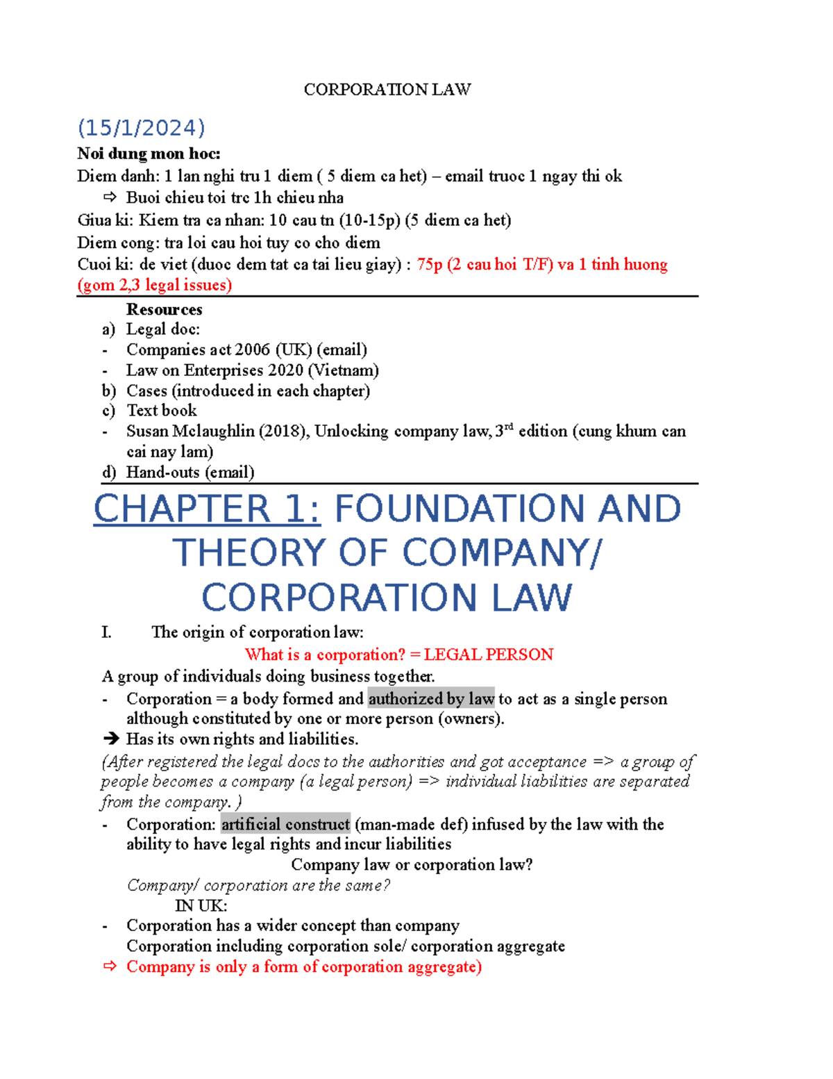 CORPORATION LAW - Ghi bài - Lecture Notes & Key Concepts - Studocu