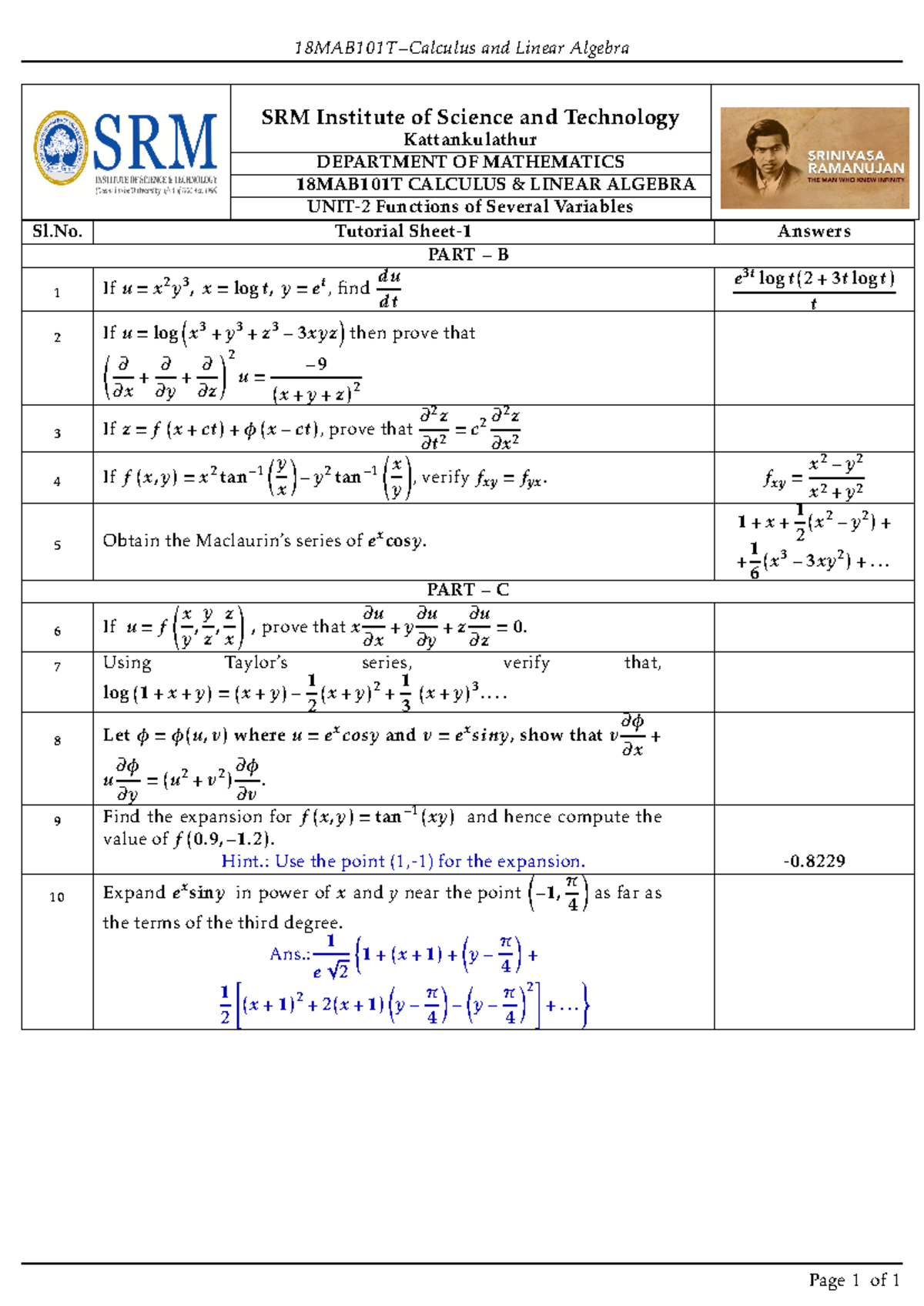 18MAB101T U2 Tutorial Sheet 1 - 18MAB101T − Calculus and Linear Algebra ...