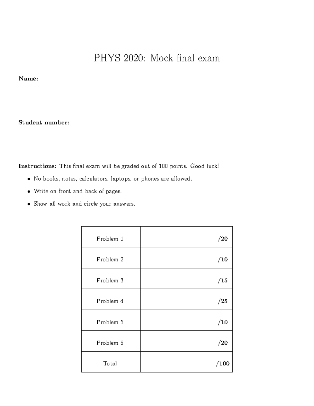 PHYS 2020: Mock Final Exam Study Guide - Studocu