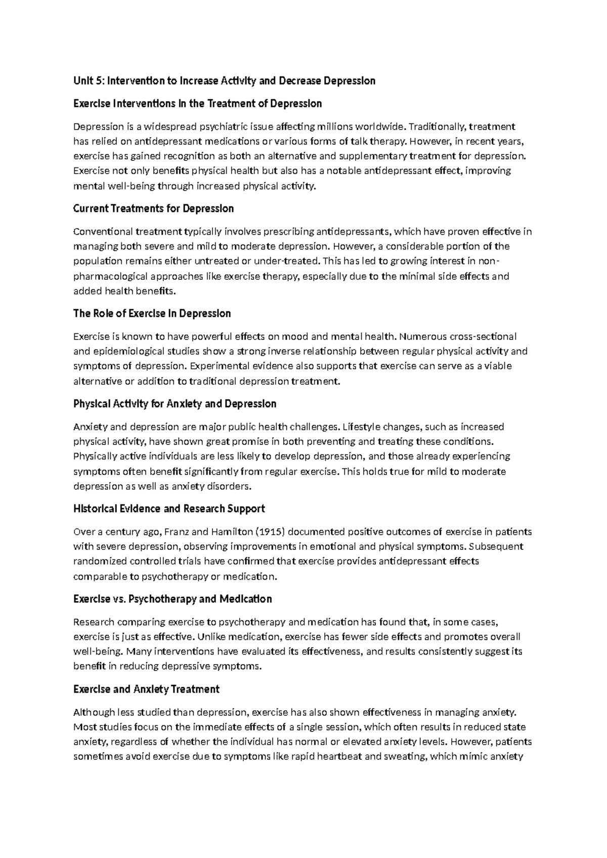 Module 2 Unit 5: Exercise Interventions for Depression Management - Studocu