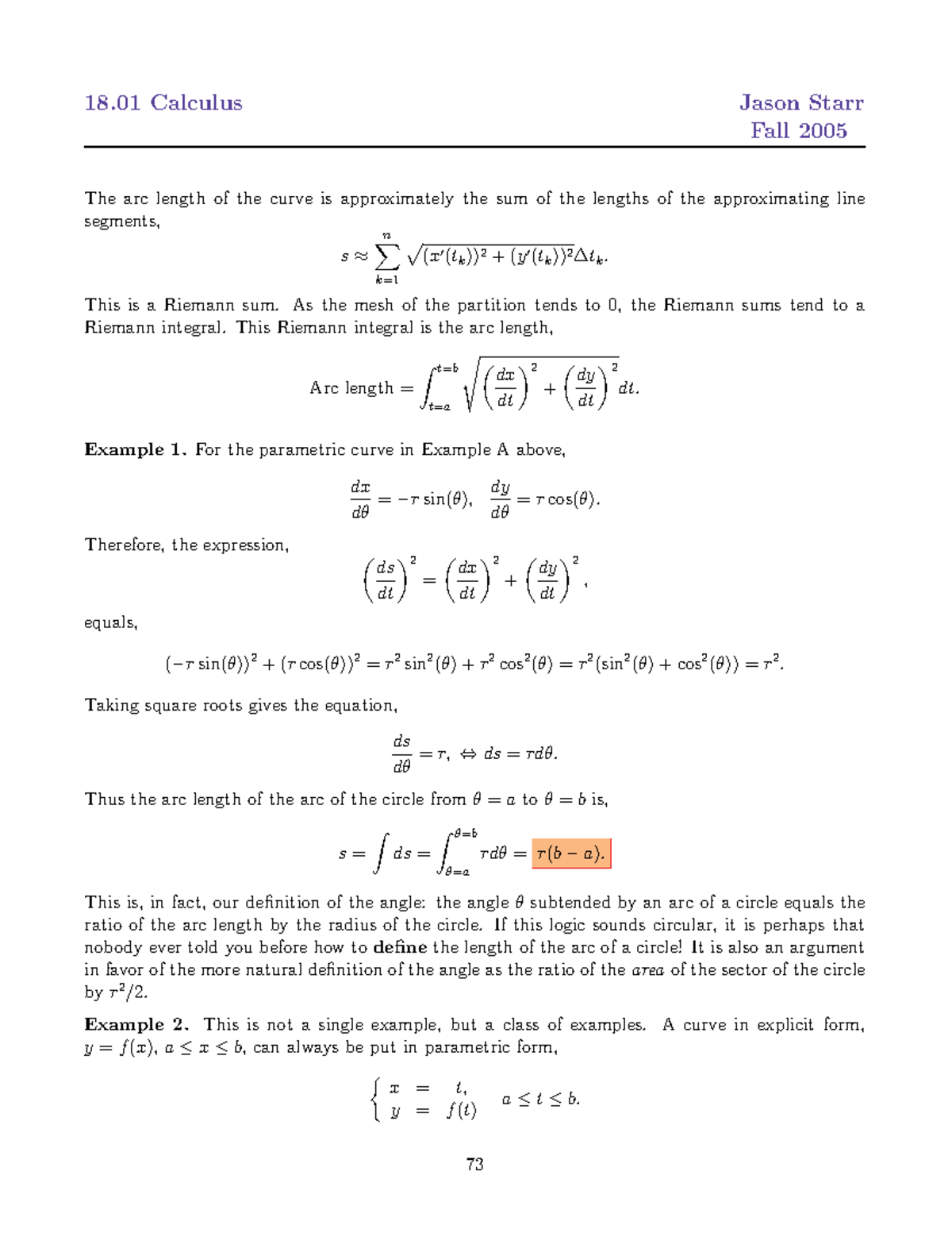 18.01 Calculus Lecture Notes: Arc Length and Riemann Sums - Studocu