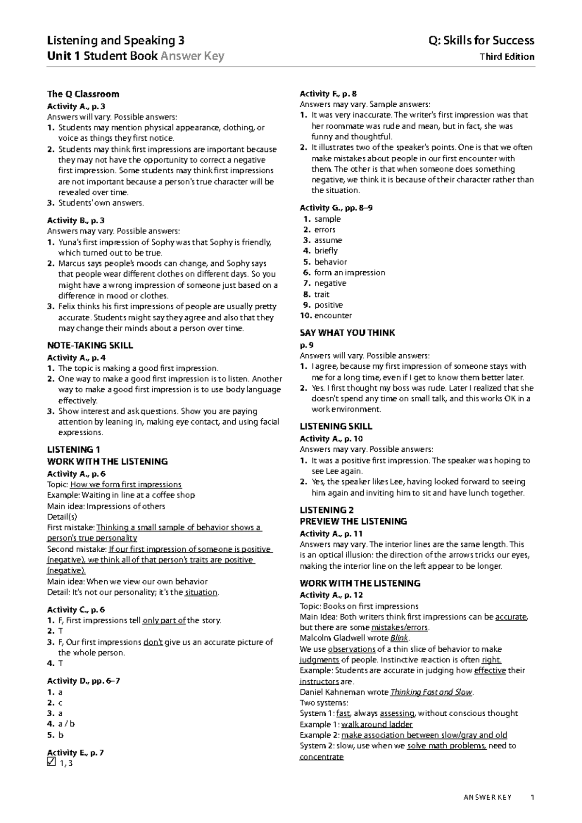 Listening and Speaking 3 Unit 1-8 Student Book Answer Key - Studocu
