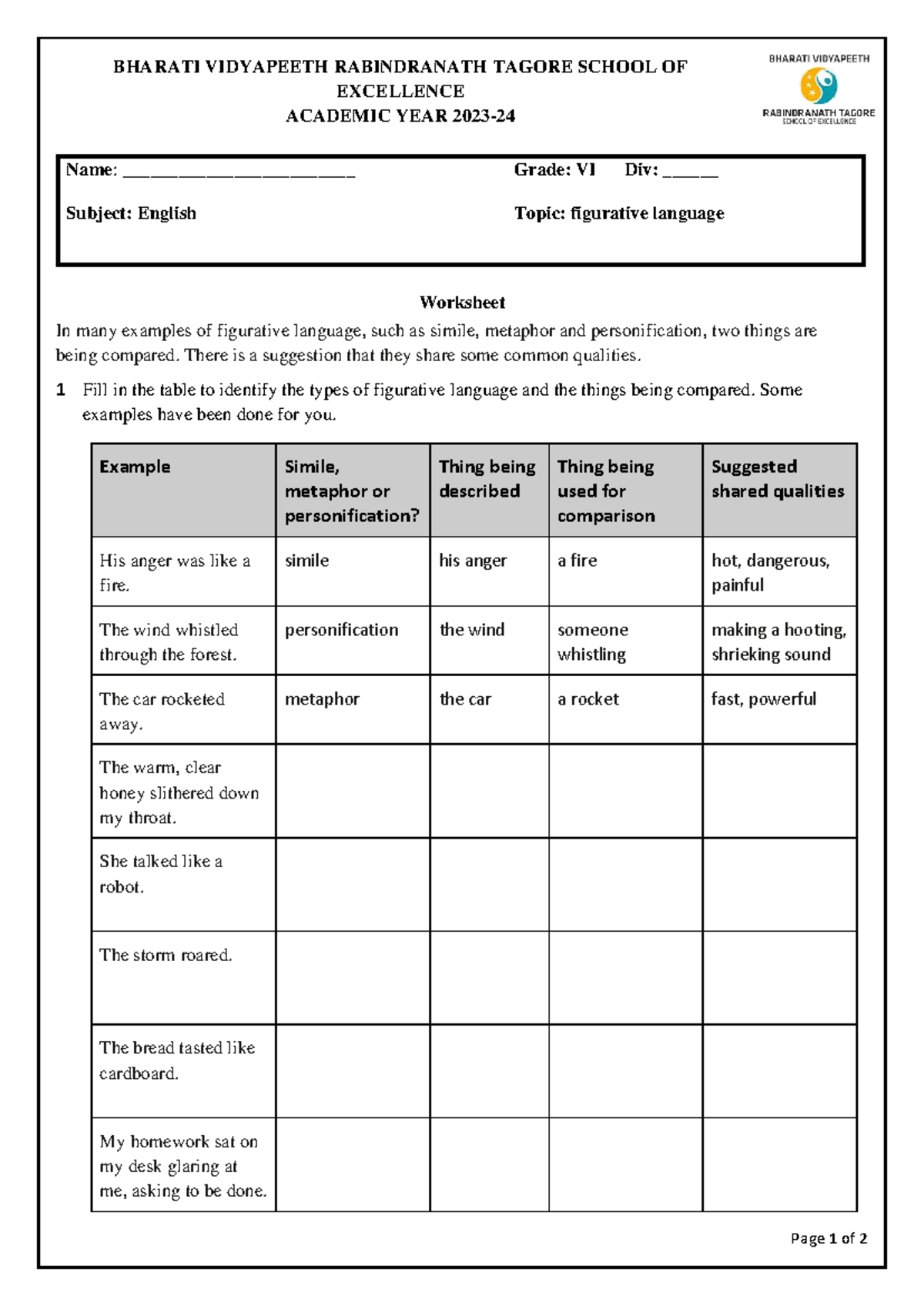 Figurative Language Worksheet - Grade VI - Studocu