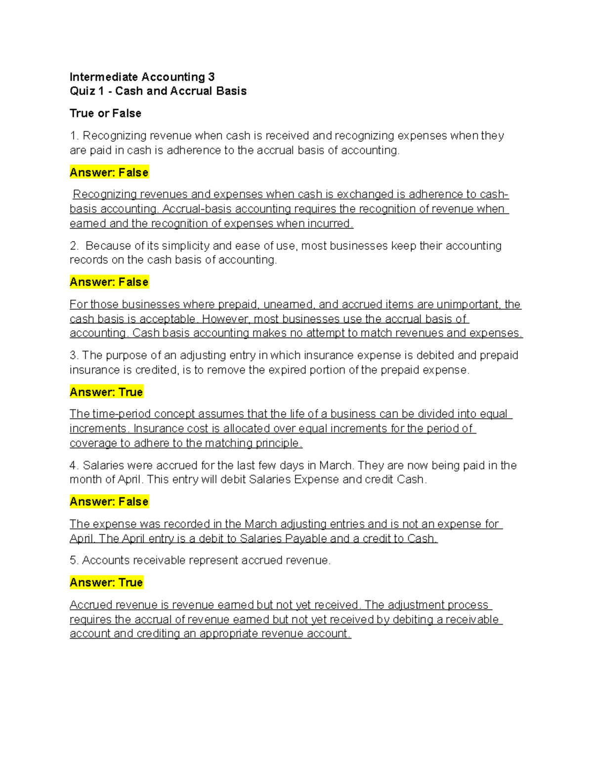 Intermediate Accounting 3 - Quiz 1: Cash vs. Accrual Basis Fundamentals ...