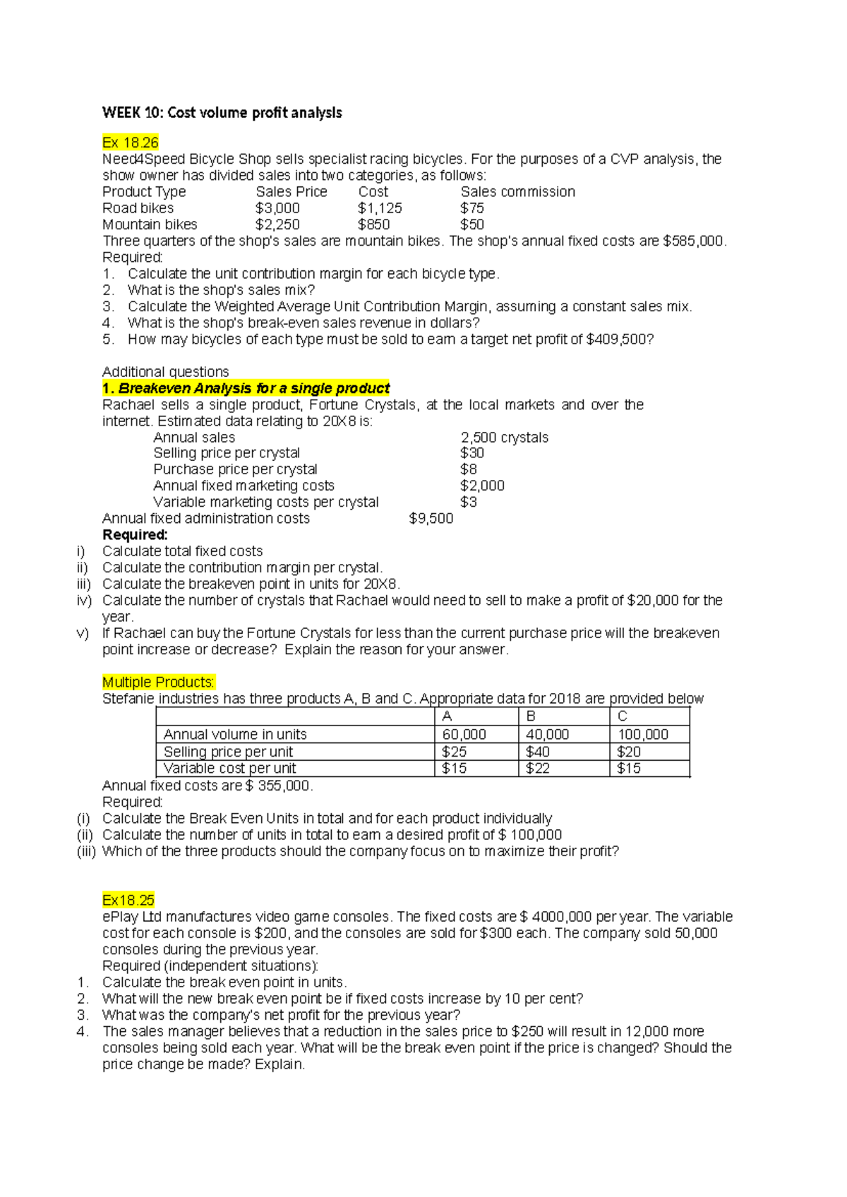 WEEK 10: CVP Analysis & Break Even Point Calculations - Studocu