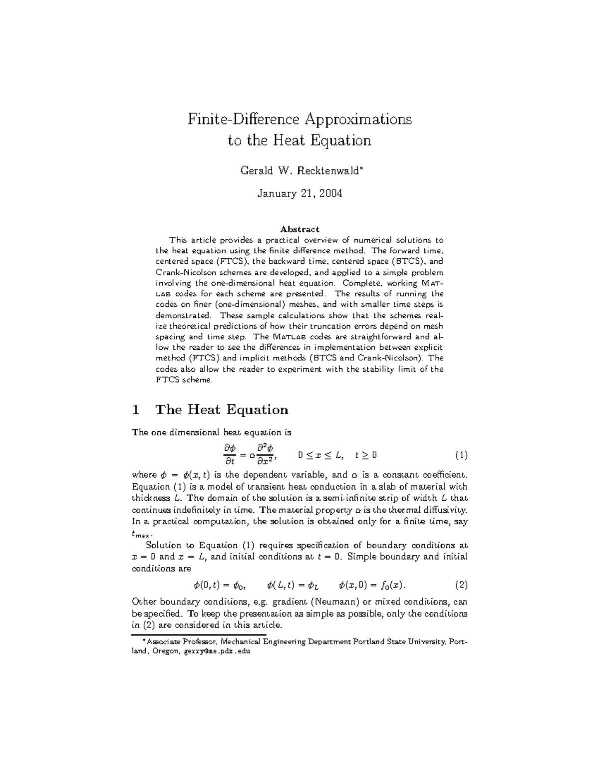 Finite Difference Analysis of 1D Heat Conduction Equation (ME 101 ...