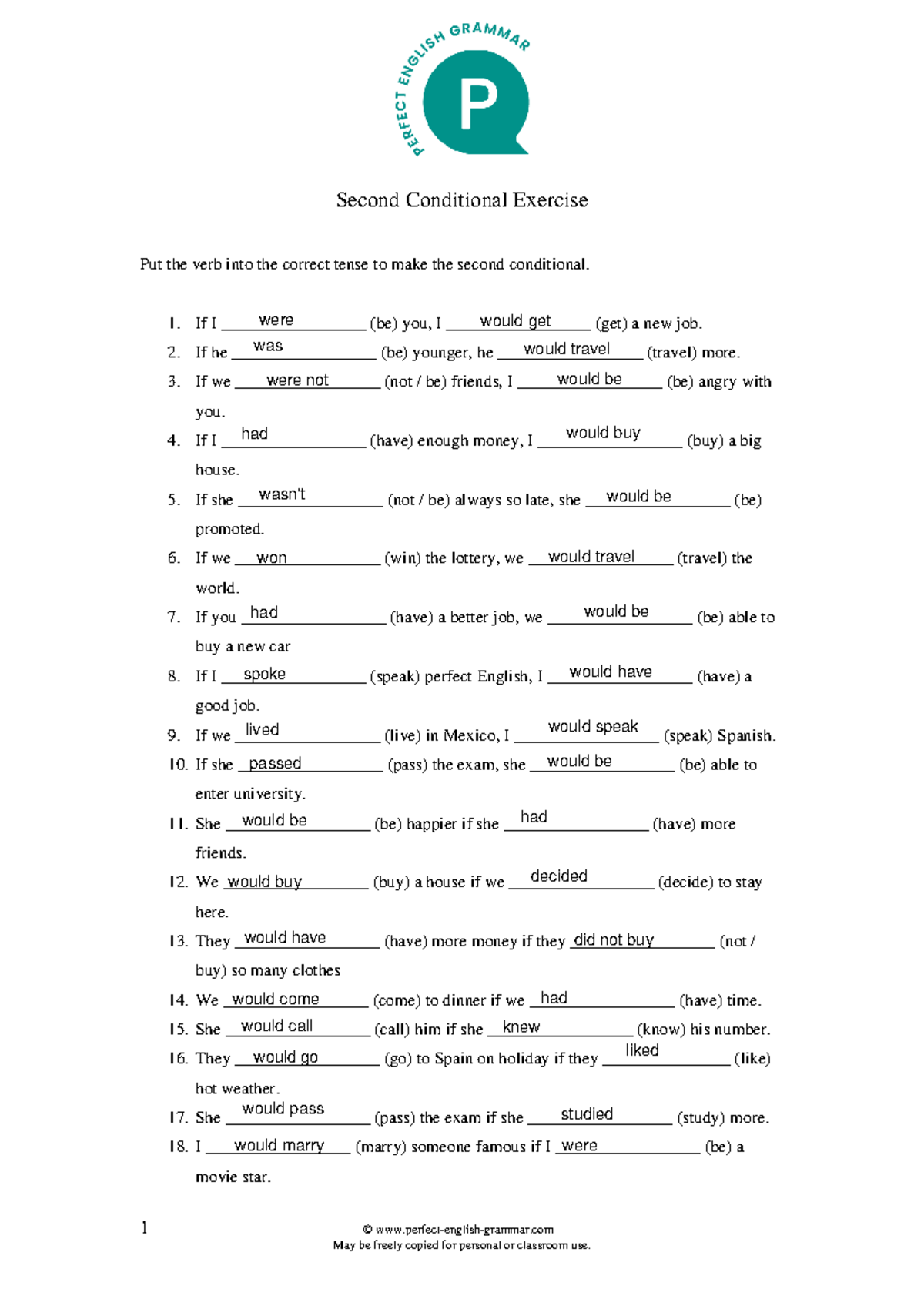 Second conditional form - 1 © perfect-english-grammar May be freely ...
