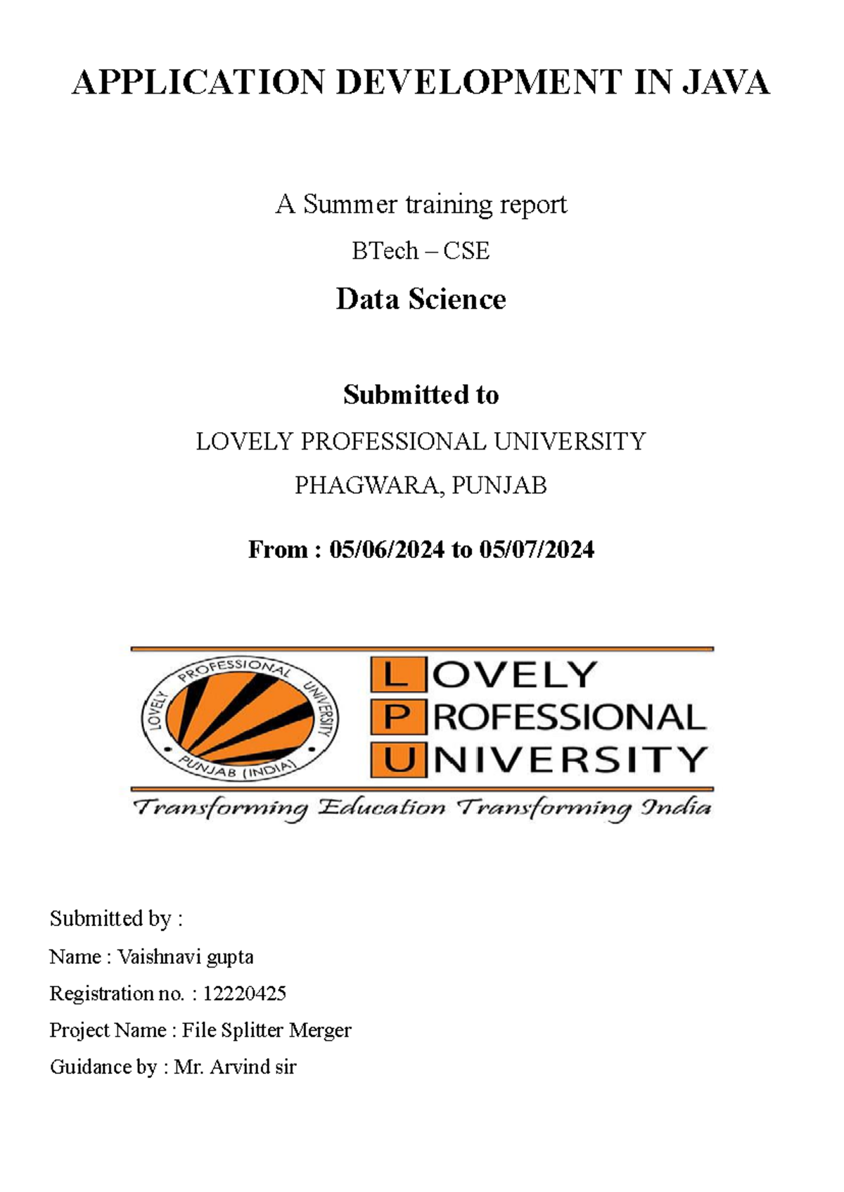 Final Report - Application development in java - APPLICATION ...