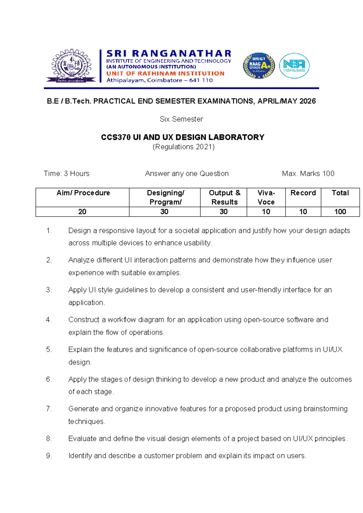 B.E B.Tech. CCS370 UI & UX Design Lab End Sem Exam Questions 2026 - Studocu