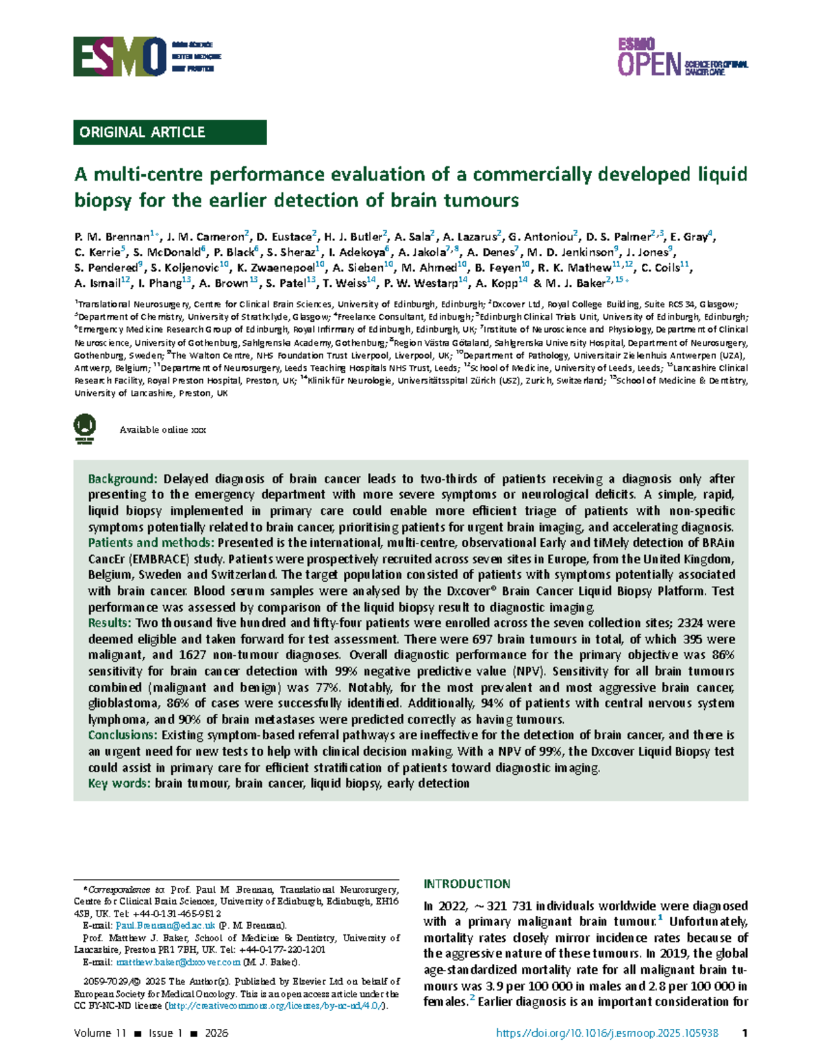 Performance Evaluation of Liquid Biopsy for Early Brain Tumor Detection ...