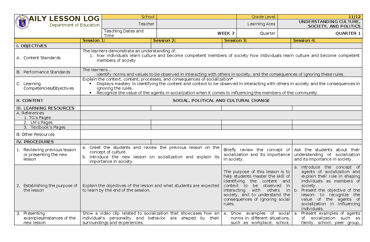 UCSP Q1 WEEK 7 - Daily Lesson Log on Culture, Society, and Politics ...