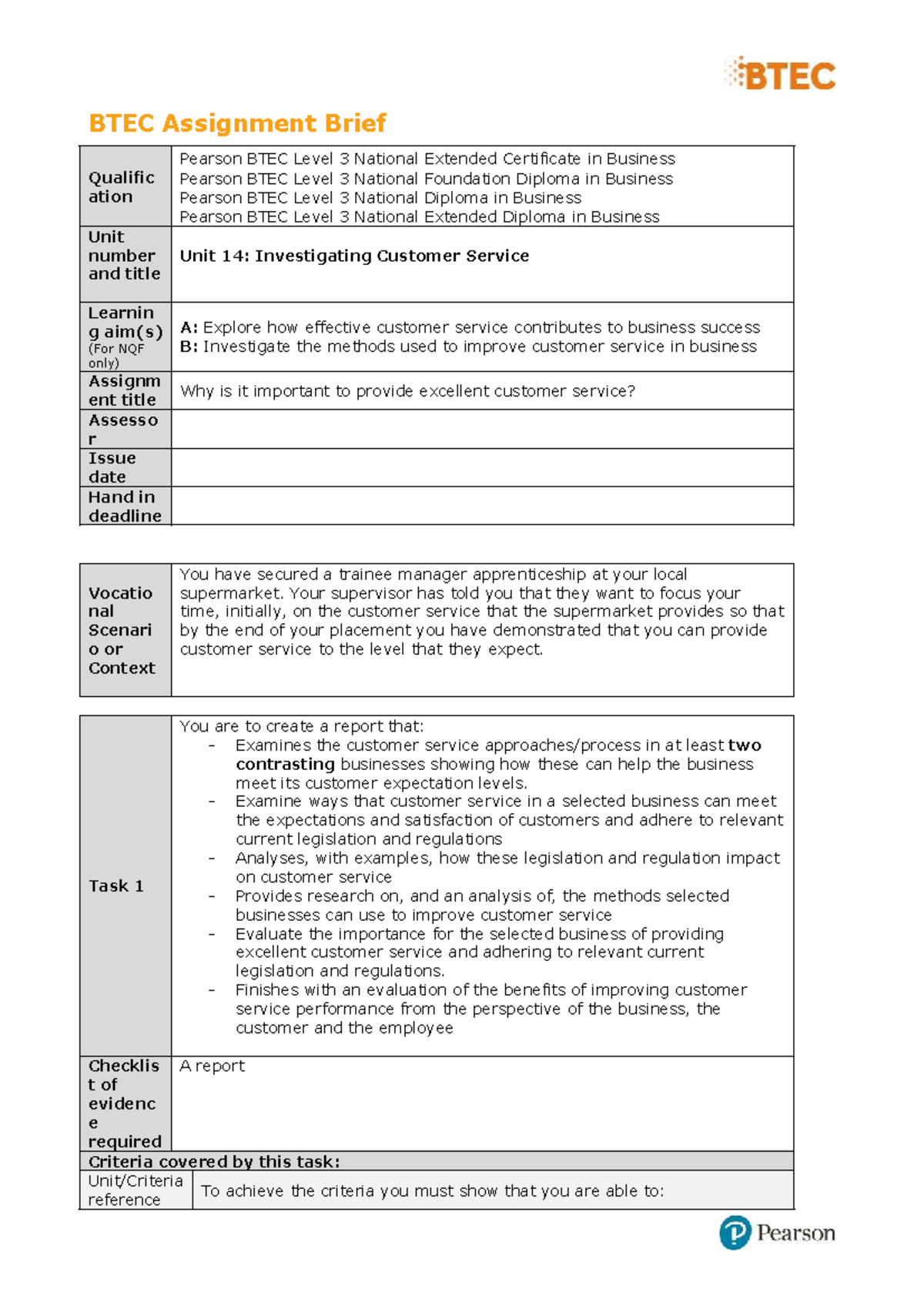 BTEC Level 3 Unit 14 Assignment: Investigating Customer Service - Studocu