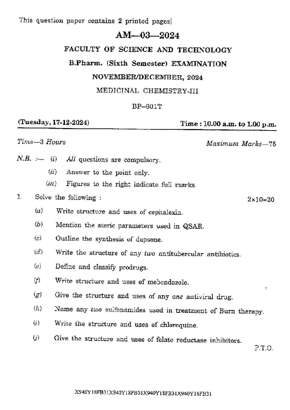 B.Pharm 6th Sem Exam 2024: Comprehensive Question Paper Review - Studocu