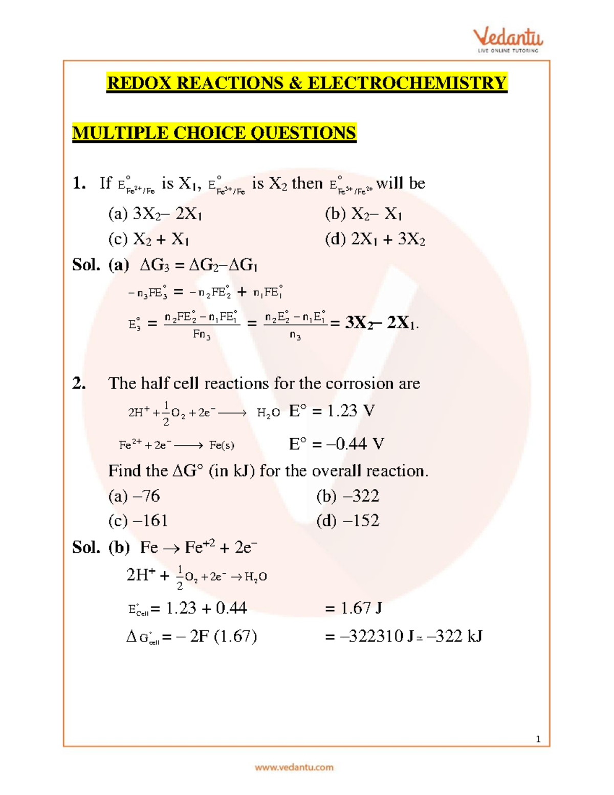 JEE Main Chemistry Redox Reactions and Electrochemistry Questions ...