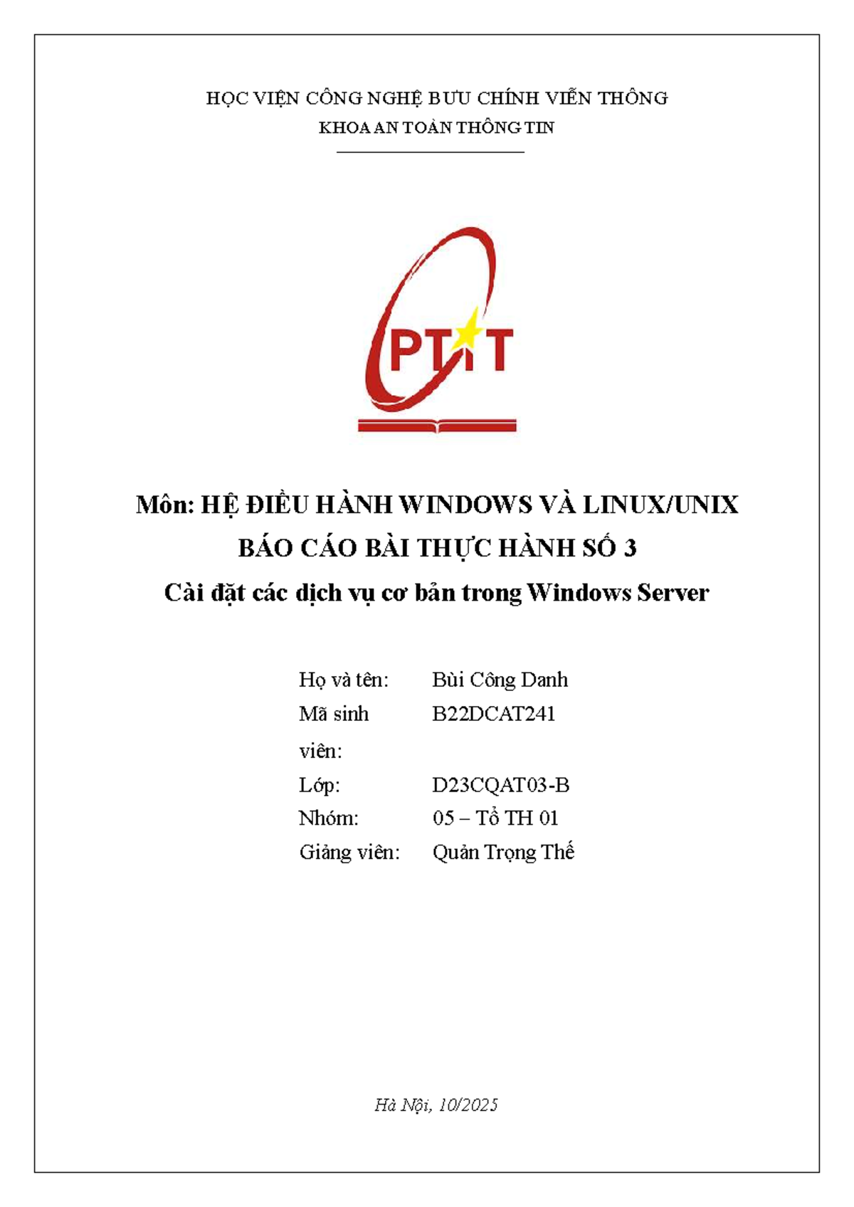 Báo cáo Thực Hành Số 3: Cài Đặt Dịch Vụ DHCP & DNS - Hệ Điều Hành Windows - Document Preview