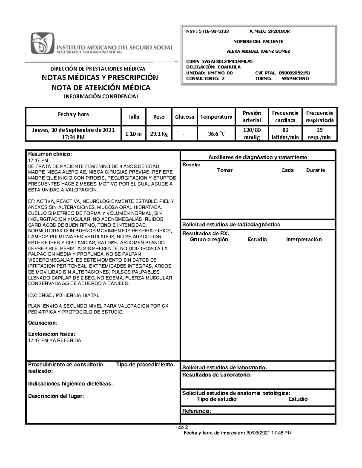 Notas Médicas y Prescripción para Paciente Alexa URG - 30/Sep/21 - Document Preview