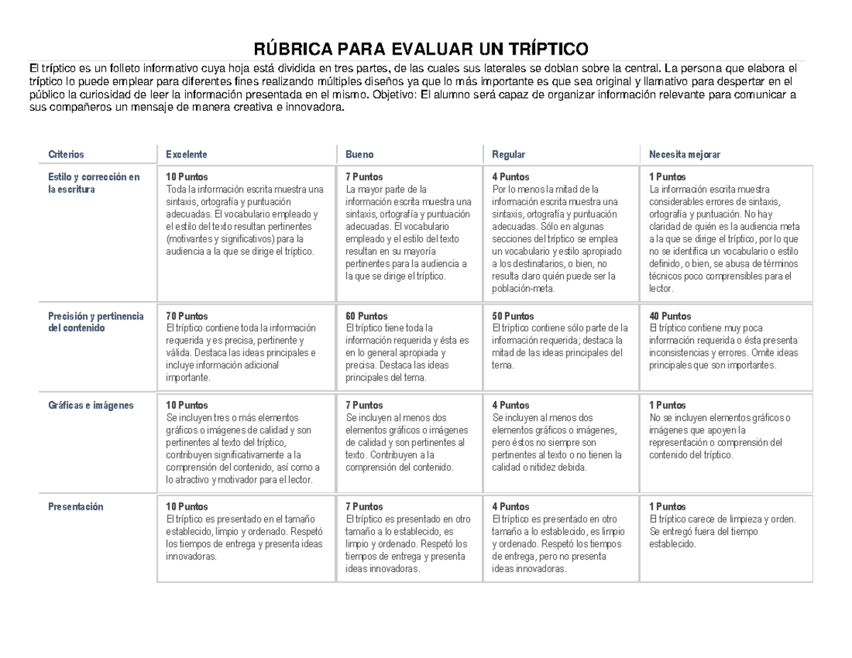 Rubrica Para Evaluar Un Triptico Informativo www.studocu.com