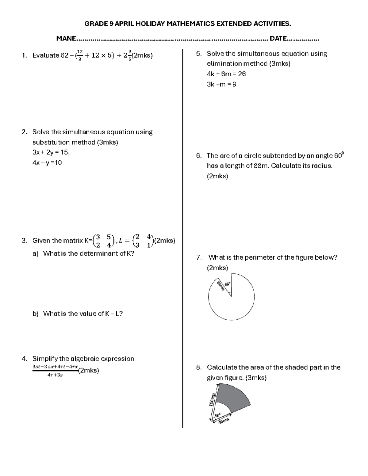 Grade 9 Math Extended Activities for April Holiday - Studocu